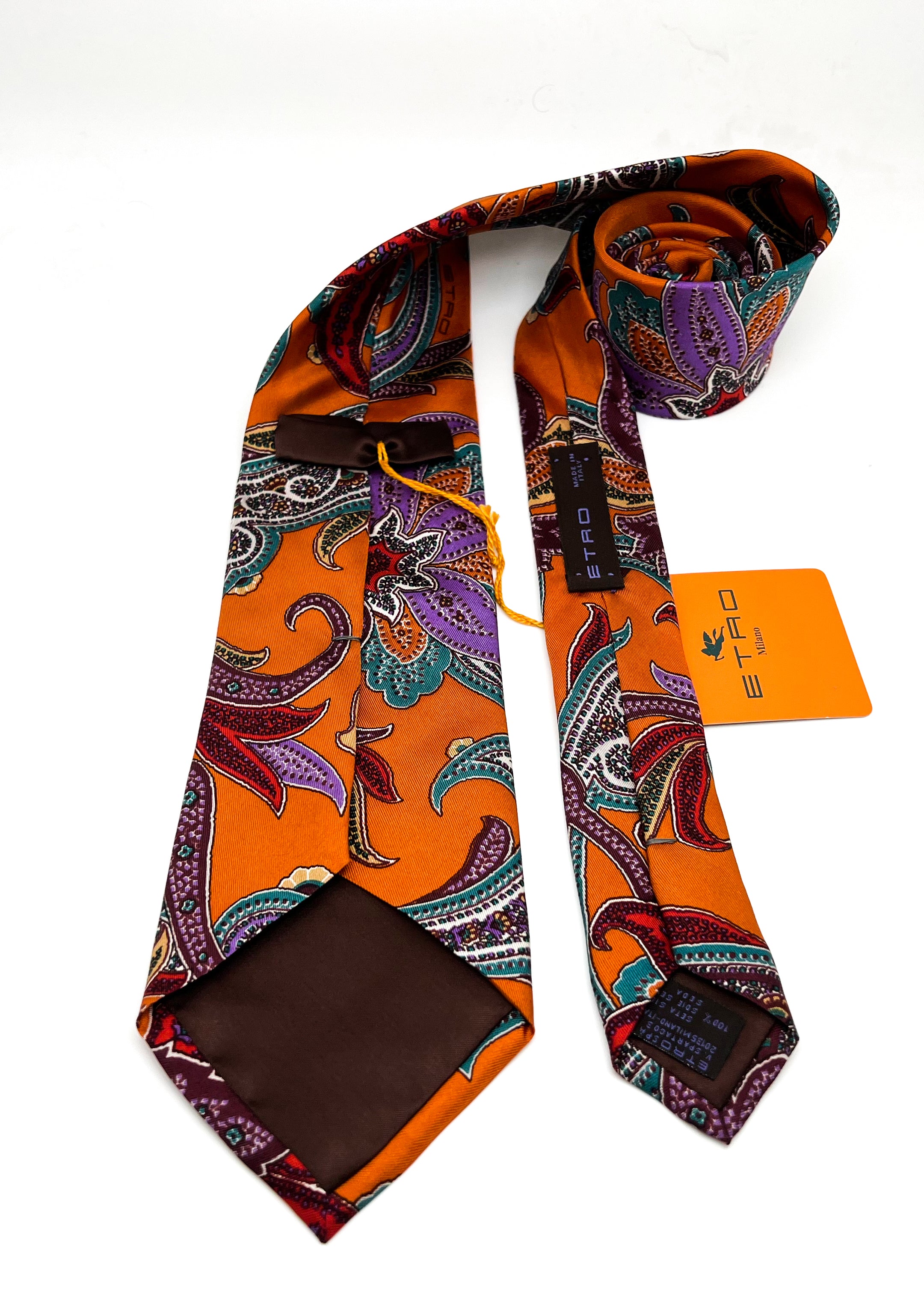 $260 ETRO - Vibrant Orange Multi-Color Bold LOGO Paisley 3.25" - Tie