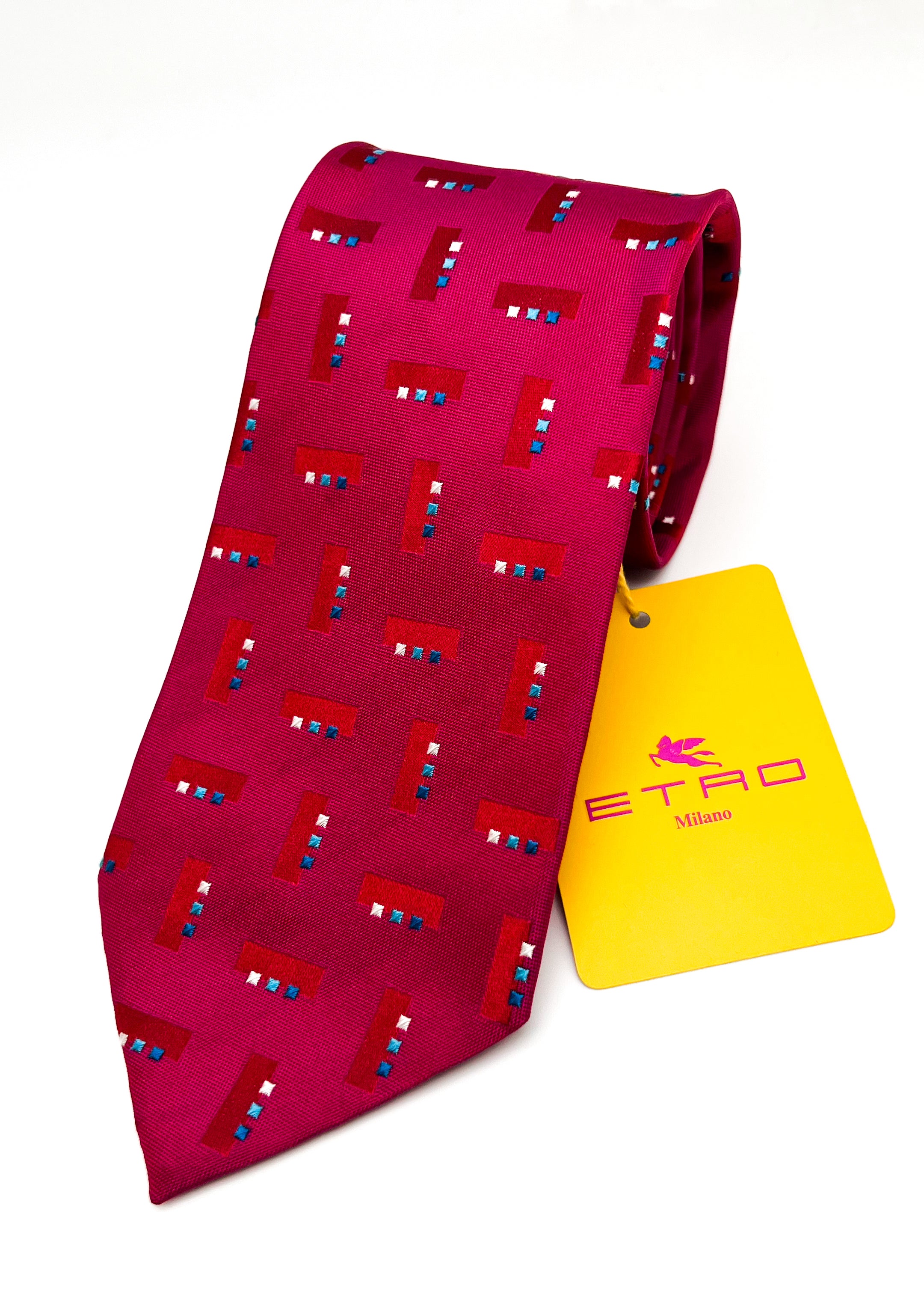 $260 ETRO MILANO - Hot Pink Geometric Vibrant Silk 3.25" - Tie