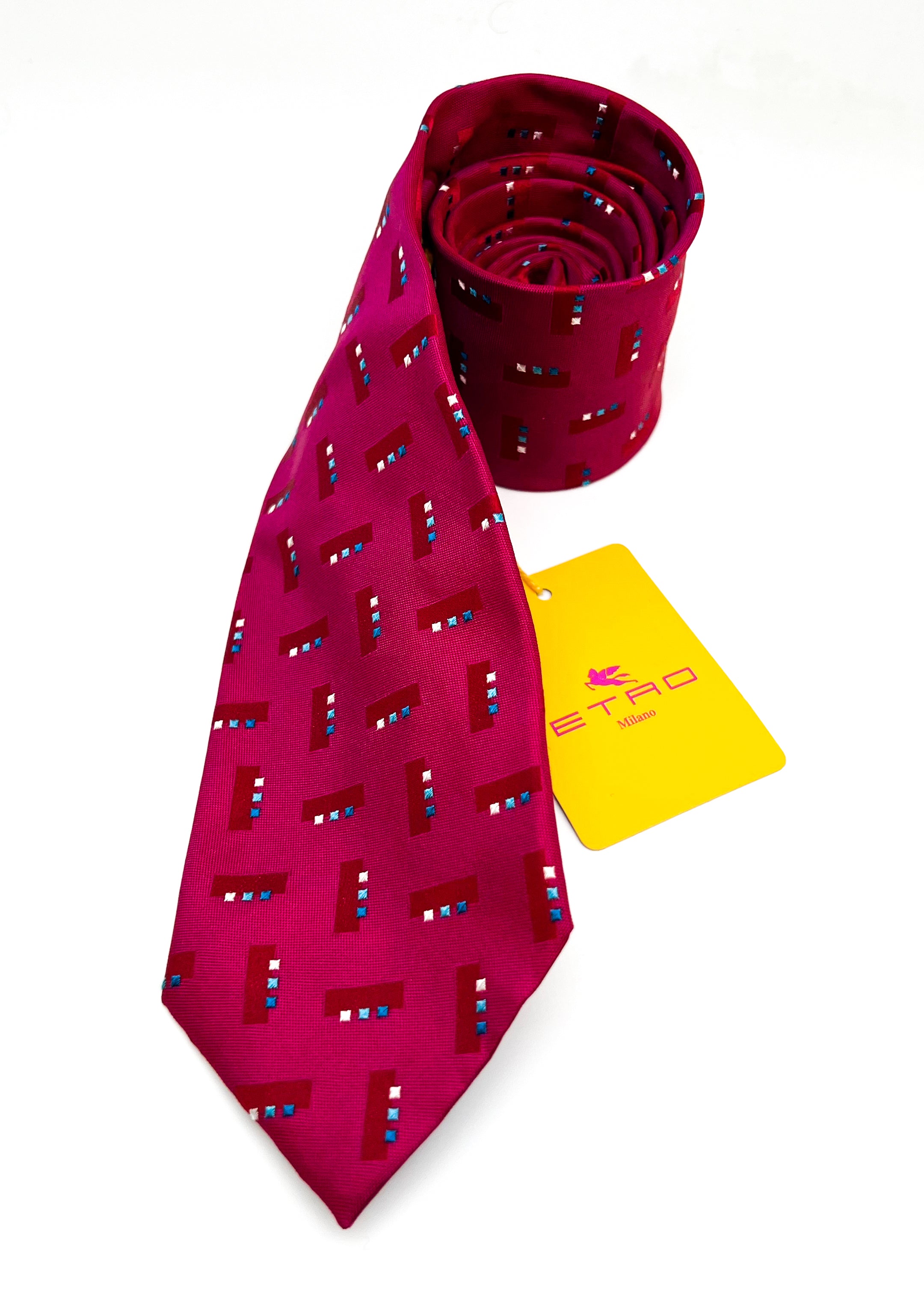 $260 ETRO MILANO - Hot Pink Geometric Vibrant Silk 3.25" - Tie