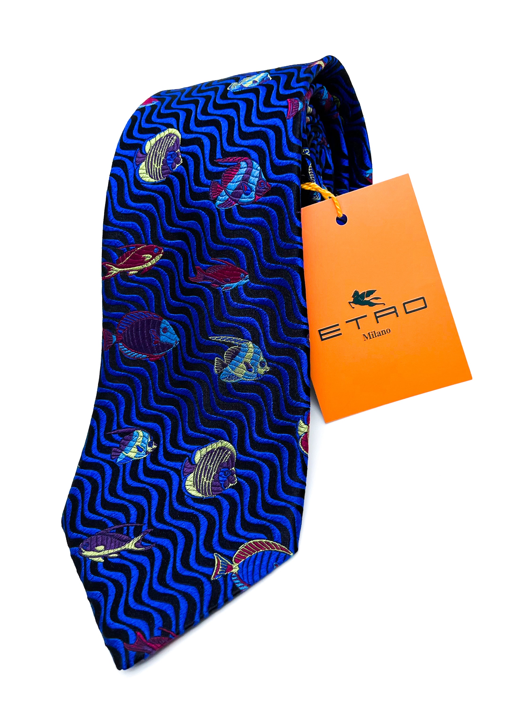 $260 ETRO MILANO - Vibrant Multi-Color Fish Pattern 3.25" - Tie