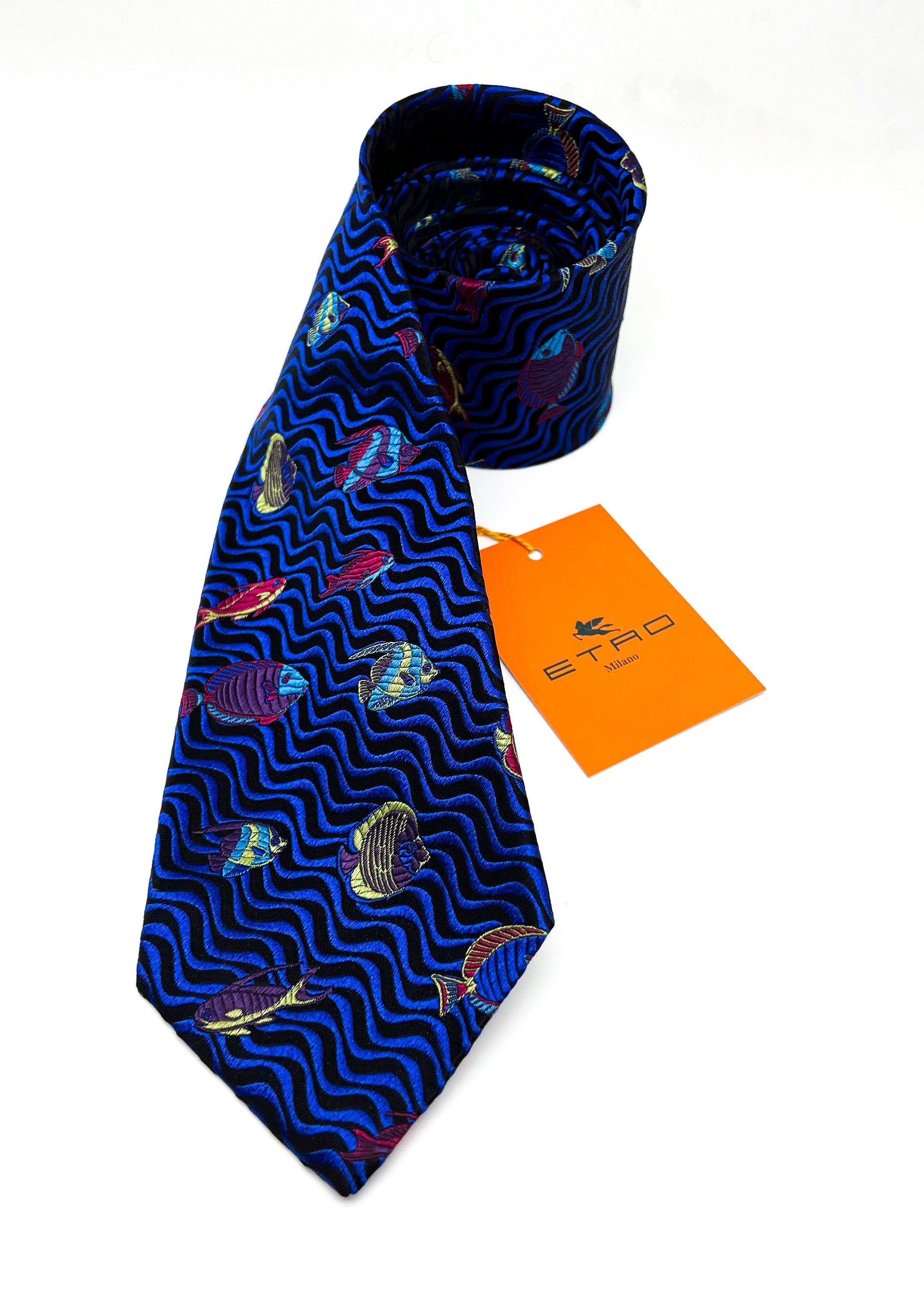 $260 ETRO MILANO - Vibrant Multi-Color Fish Pattern 3.25" - Tie