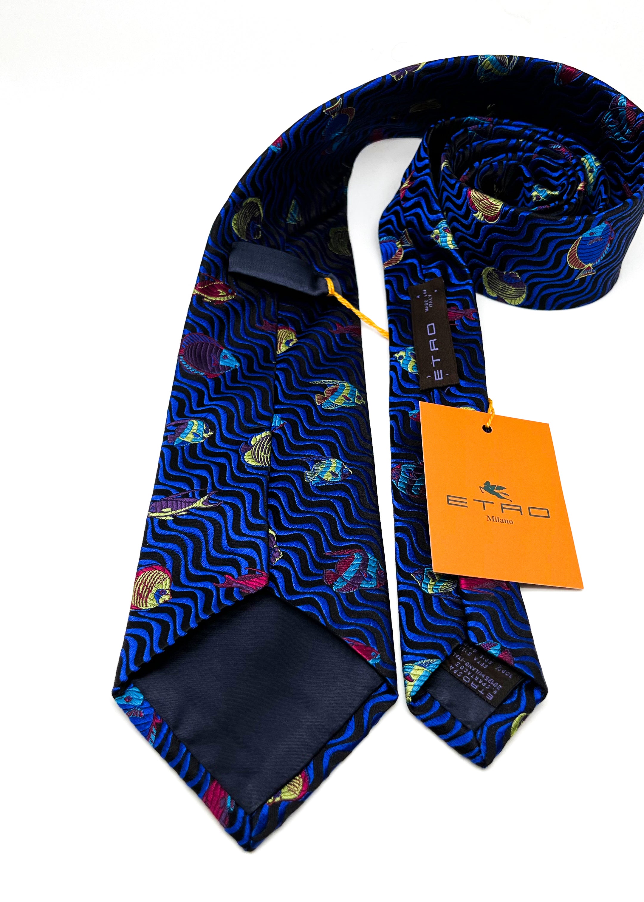 $260 ETRO MILANO - Vibrant Multi-Color Fish Pattern 3.25" - Tie