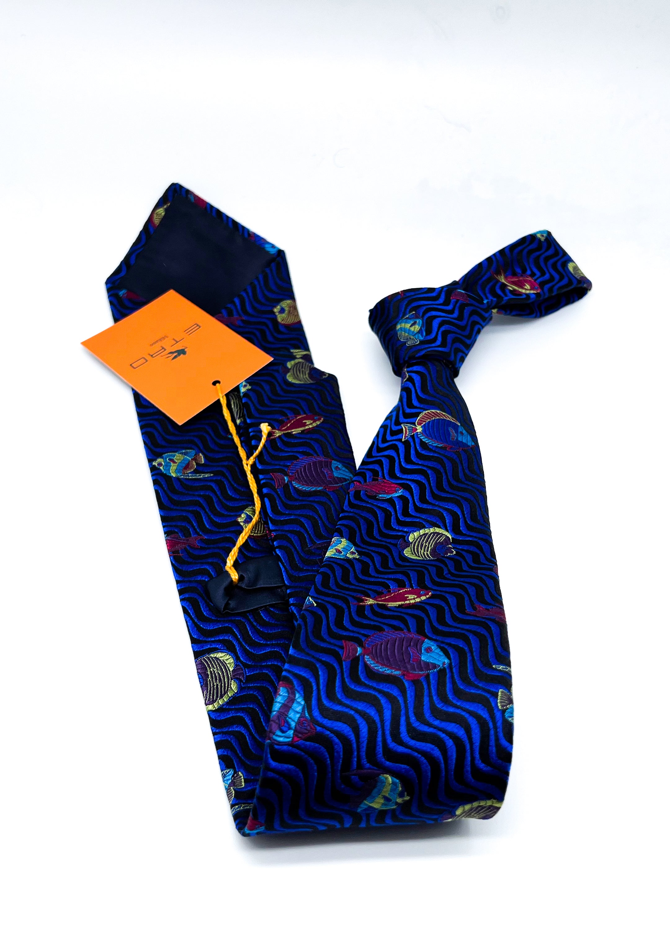 $260 ETRO MILANO - Vibrant Multi-Color Fish Pattern 3.25" - Tie