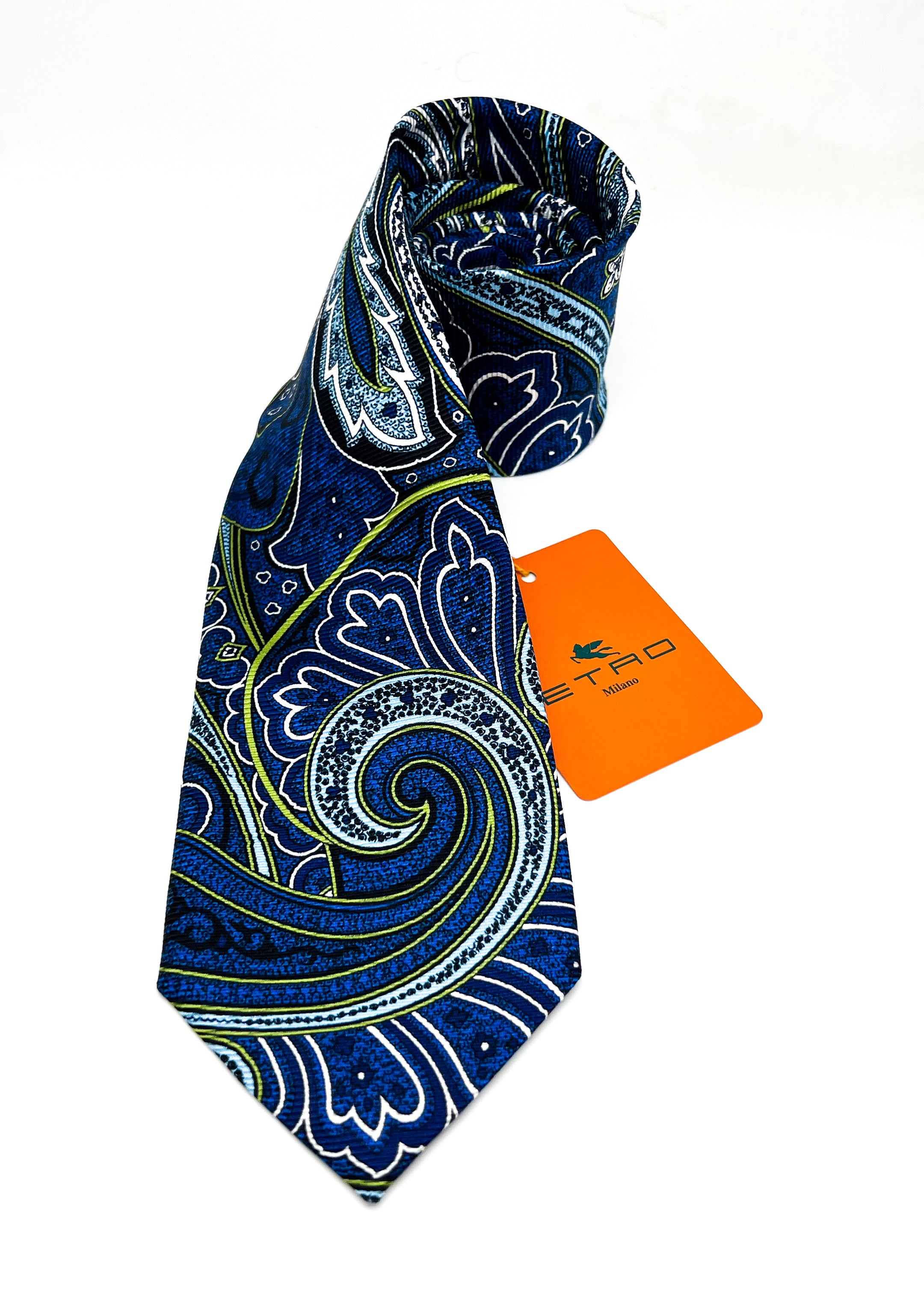 $260 ETRO MILANO - Vibrant Multi-Color Blue/Green Paisley 3.25" - Tie