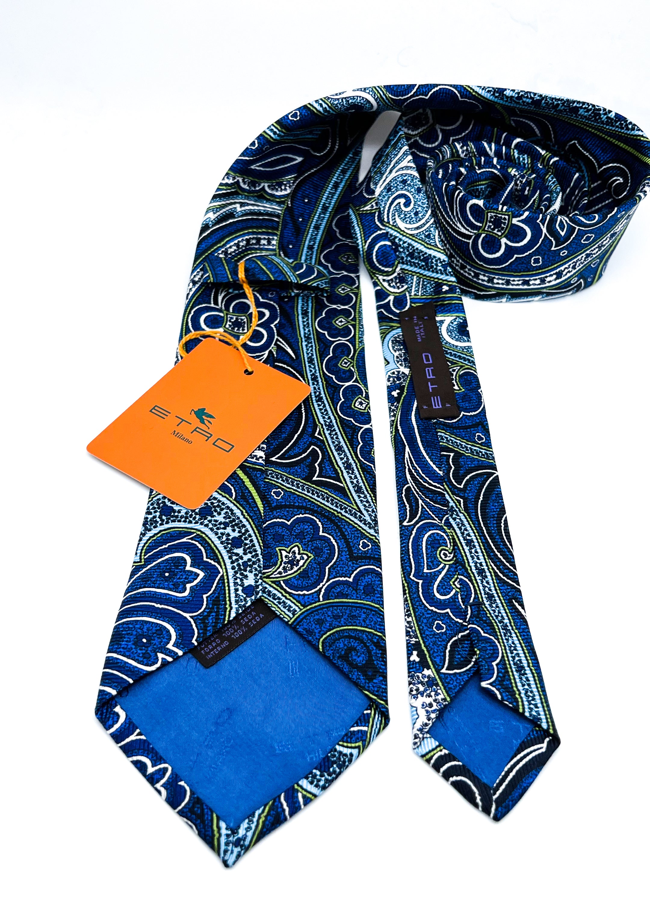 $260 ETRO MILANO - Vibrant Multi-Color Blue/Green Paisley 3.25" - Tie