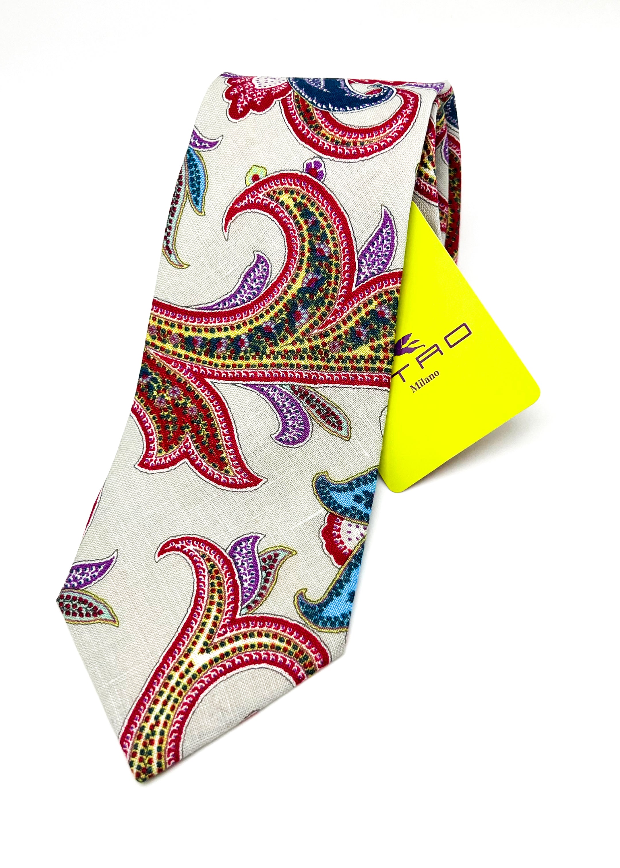 $260 ETRO MILANO - 'PURE LINEN' Vibrant Multi-Color Gray Paisley 3.25" - Tie