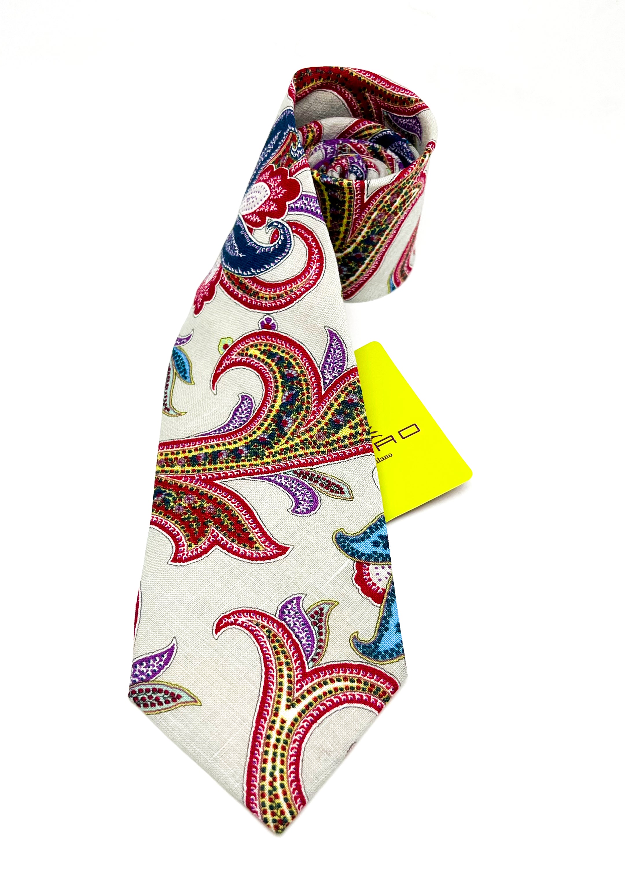 $260 ETRO MILANO - 'PURE LINEN' Vibrant Multi-Color Gray Paisley 3.25" - Tie