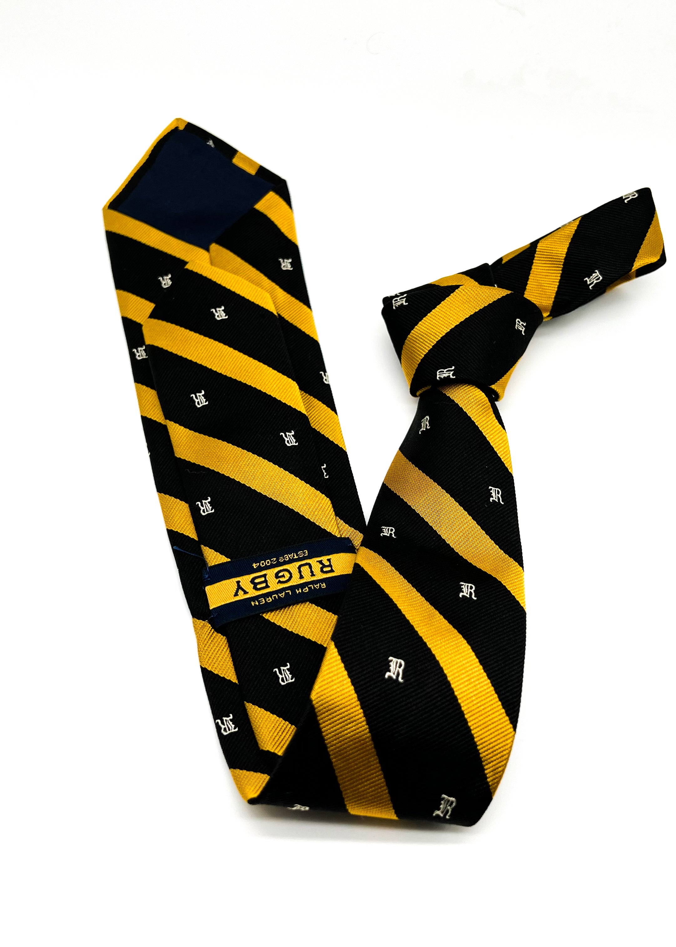 RALPH LAUREN "RUGBY" - Black & Yellow Textured Silk LOGO 3" - Tie