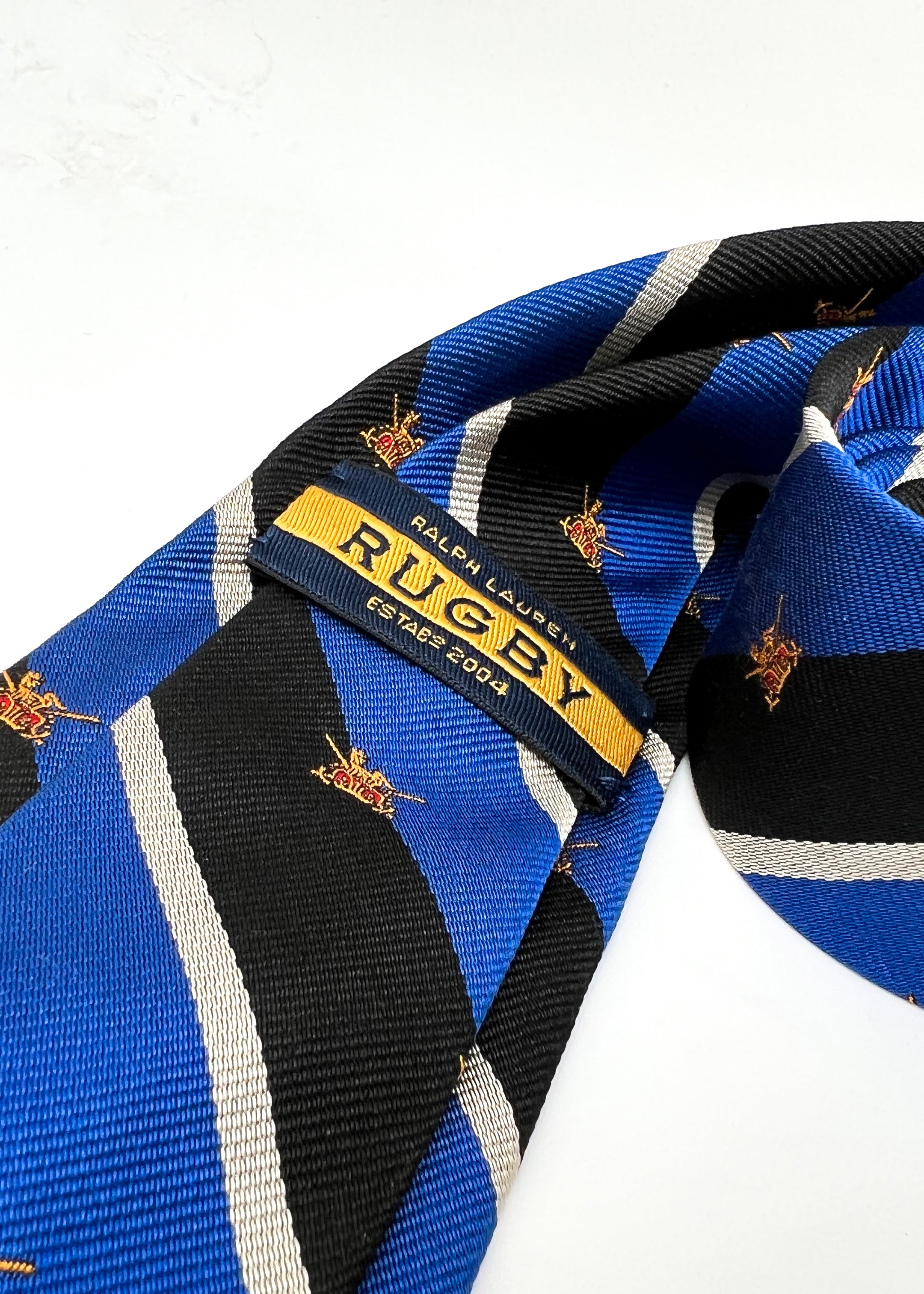 RALPH LAUREN "RUGBY" - Blue Stripe Logo Crest 2.75" - Tie