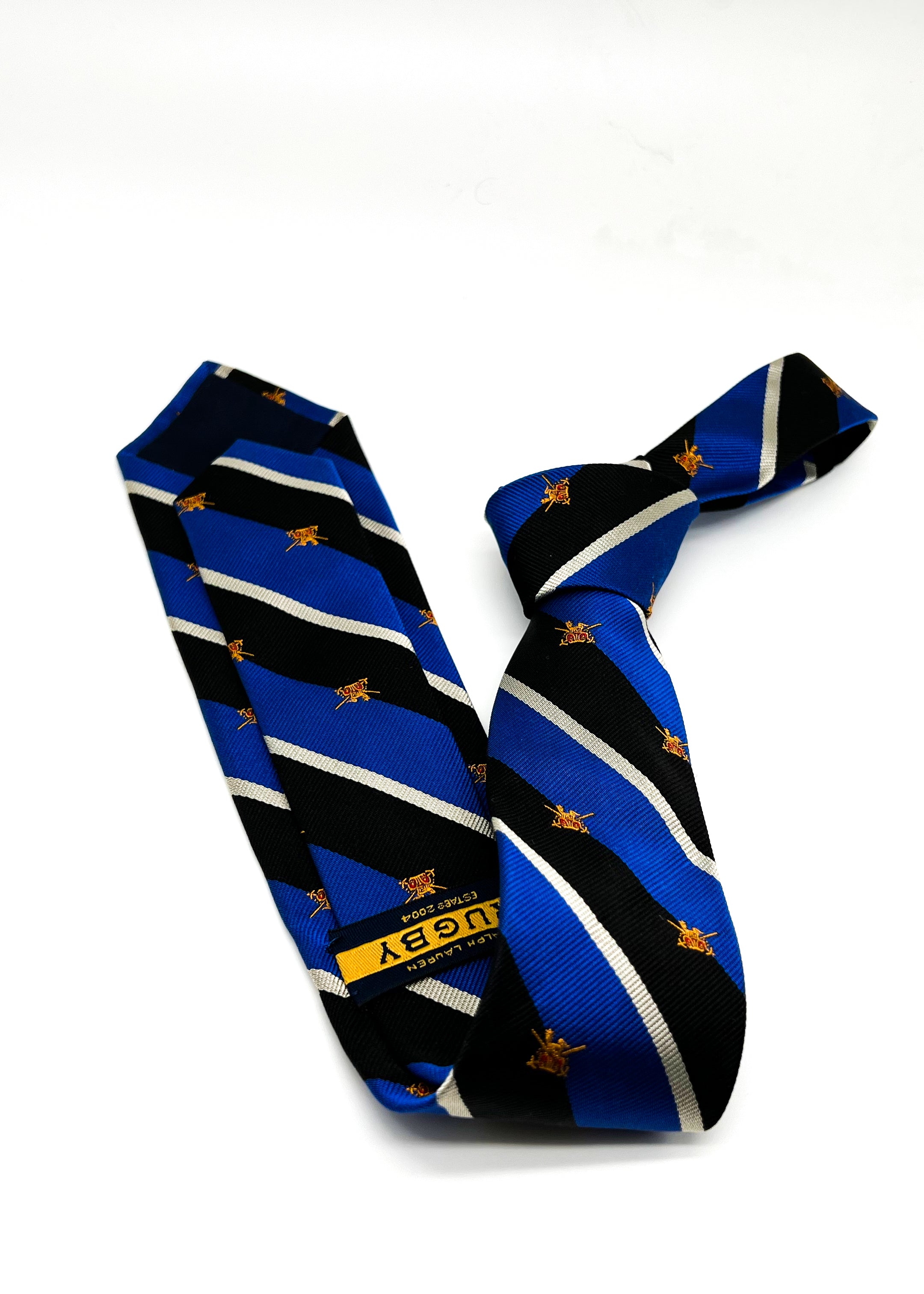 RALPH LAUREN "RUGBY" - Blue Stripe Logo Crest 2.75" - Tie