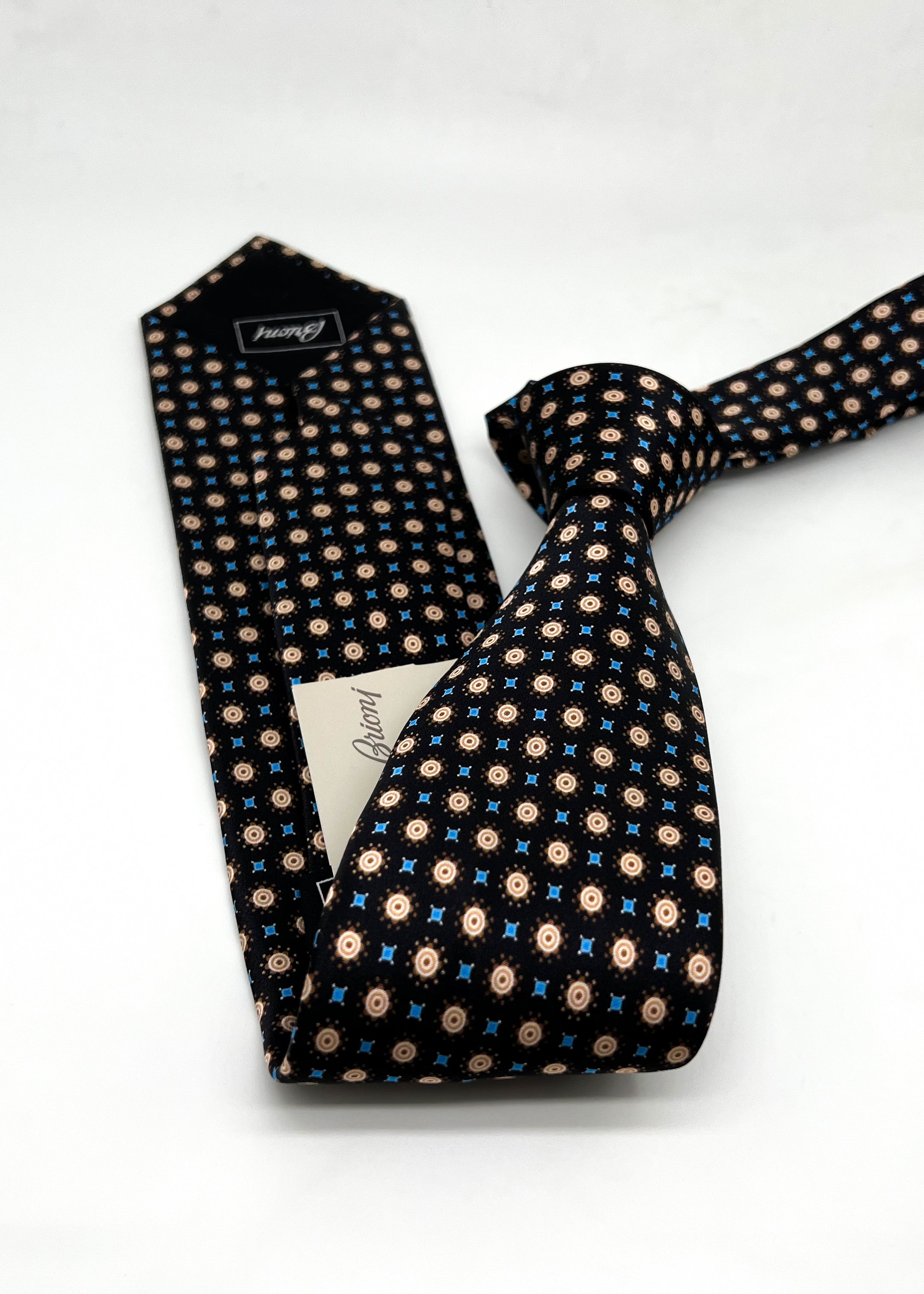 $240 BRIONI - Black / Yellow / Blue Patterned Tie Silk 3" - Tie