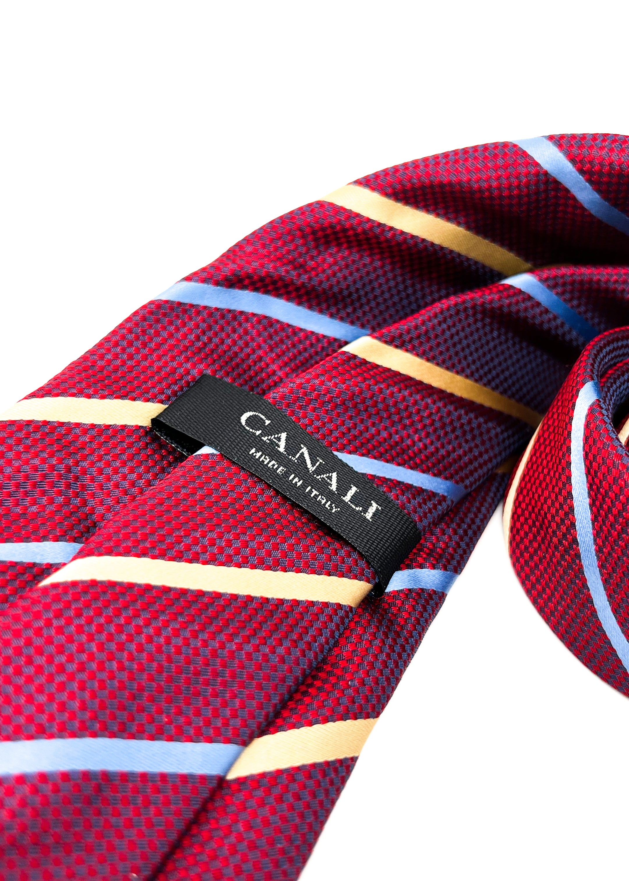 $185 CANALI - Burgundy Textured W Yellow & Blue Stripe 3.6" - Tie