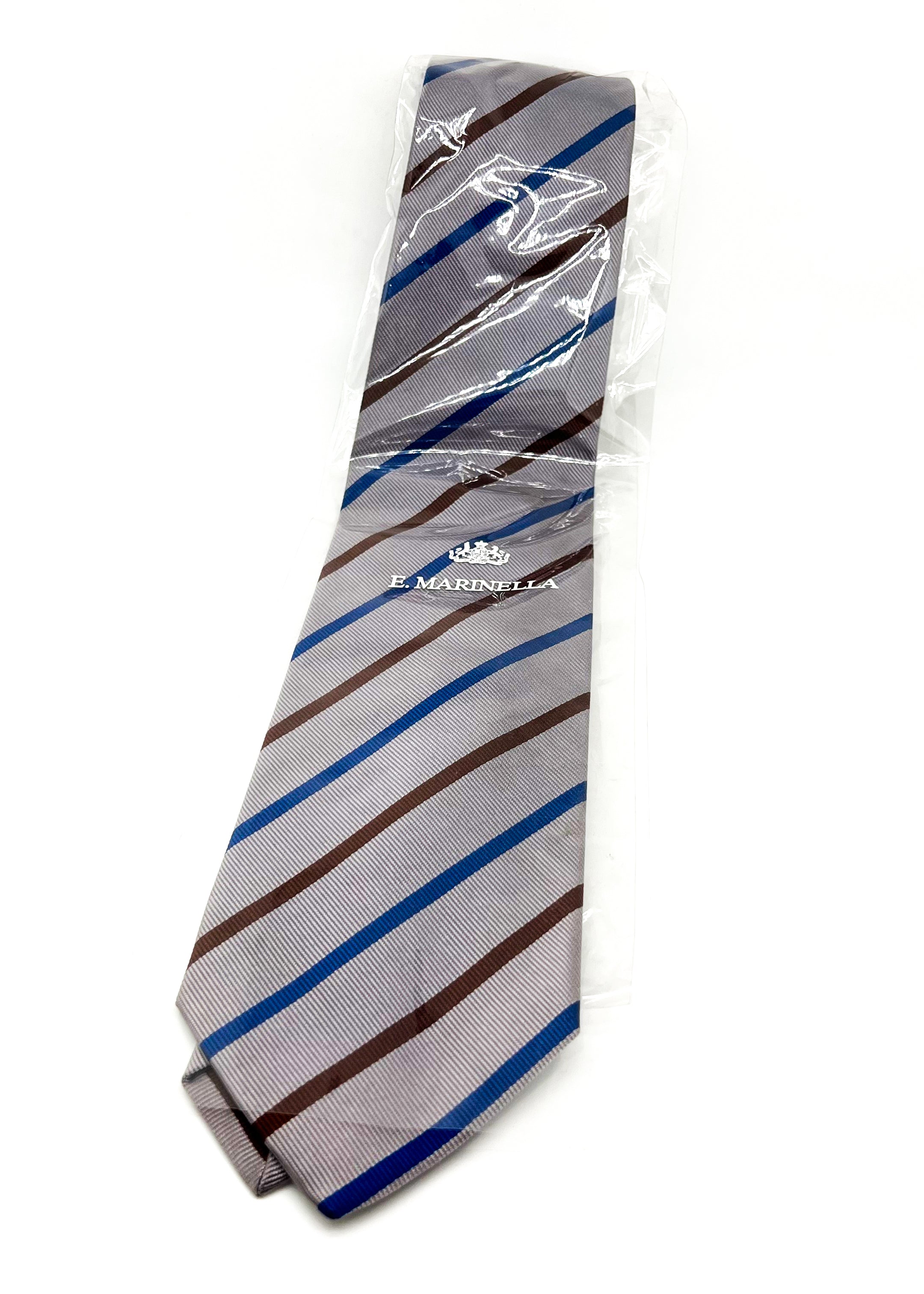 $230 E. MARINELLA - NAPOLI *Hand Made* Blue/ Gray/ Brown Stripe SILK 3.5" - Tie