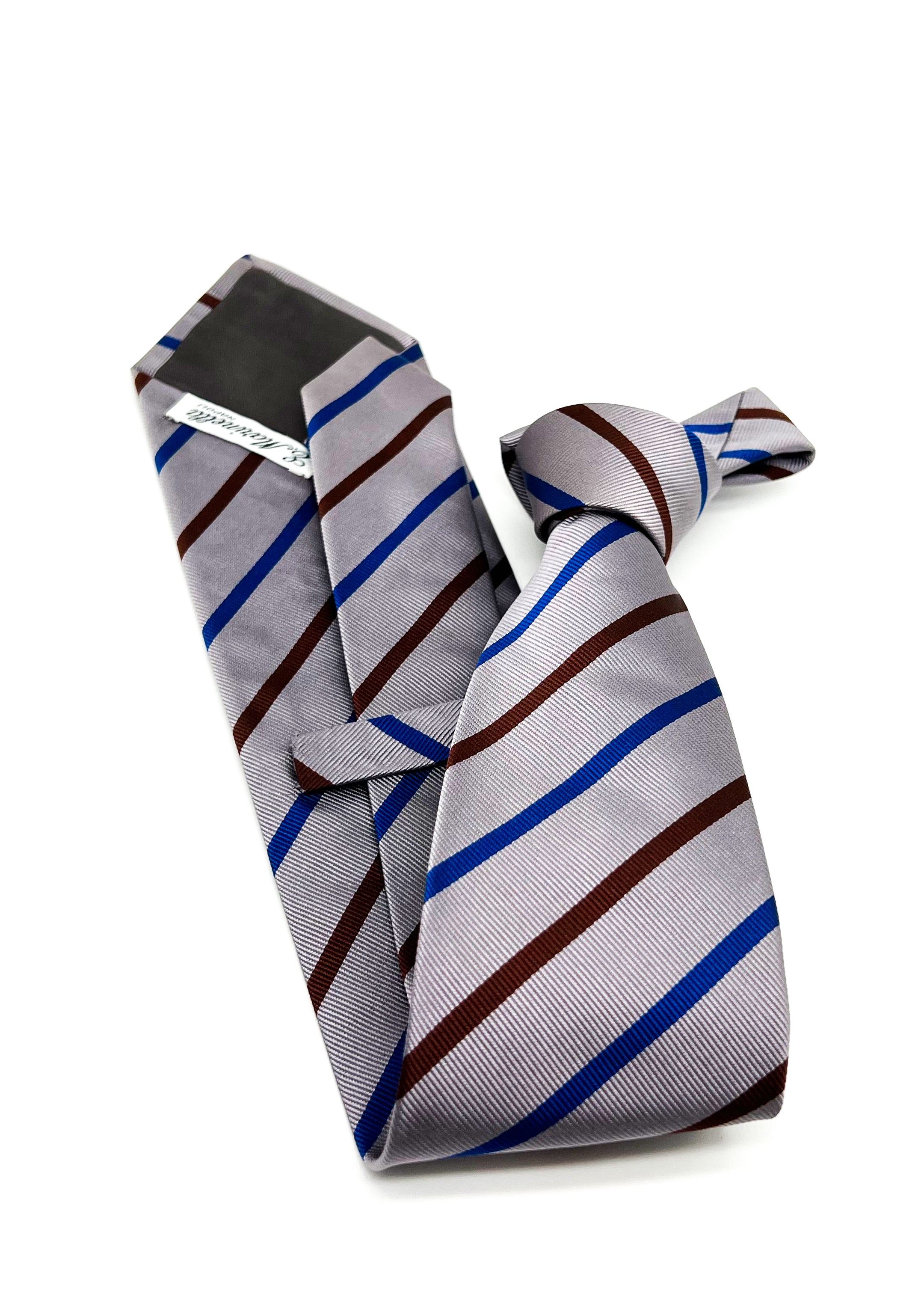 $230 E. MARINELLA - NAPOLI *Hand Made* Blue/ Gray/ Brown Stripe SILK 3.5" - Tie