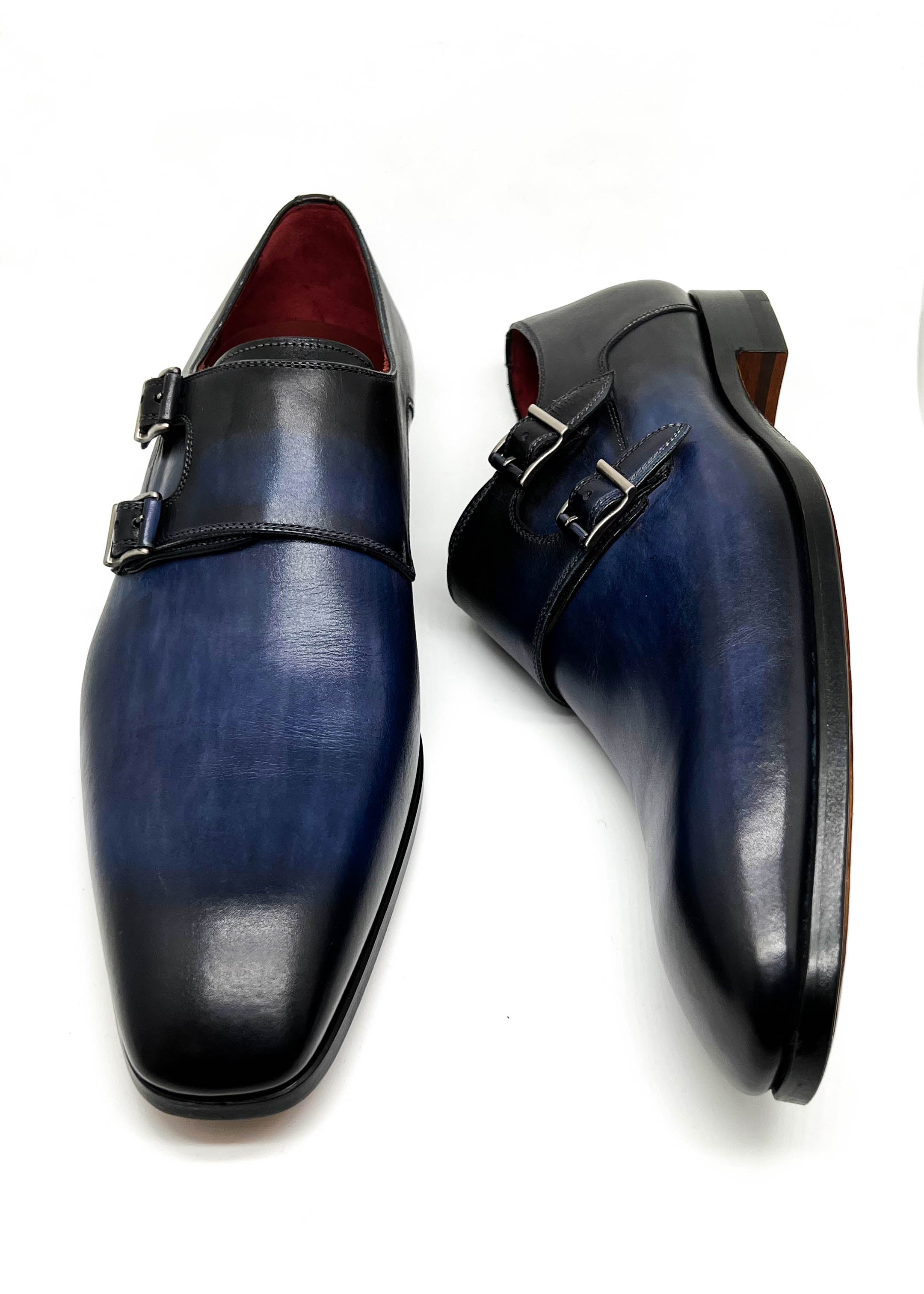 MAGNANNI - Navy Blue Patina Double Monk Strap Derby Loafers - 8.5