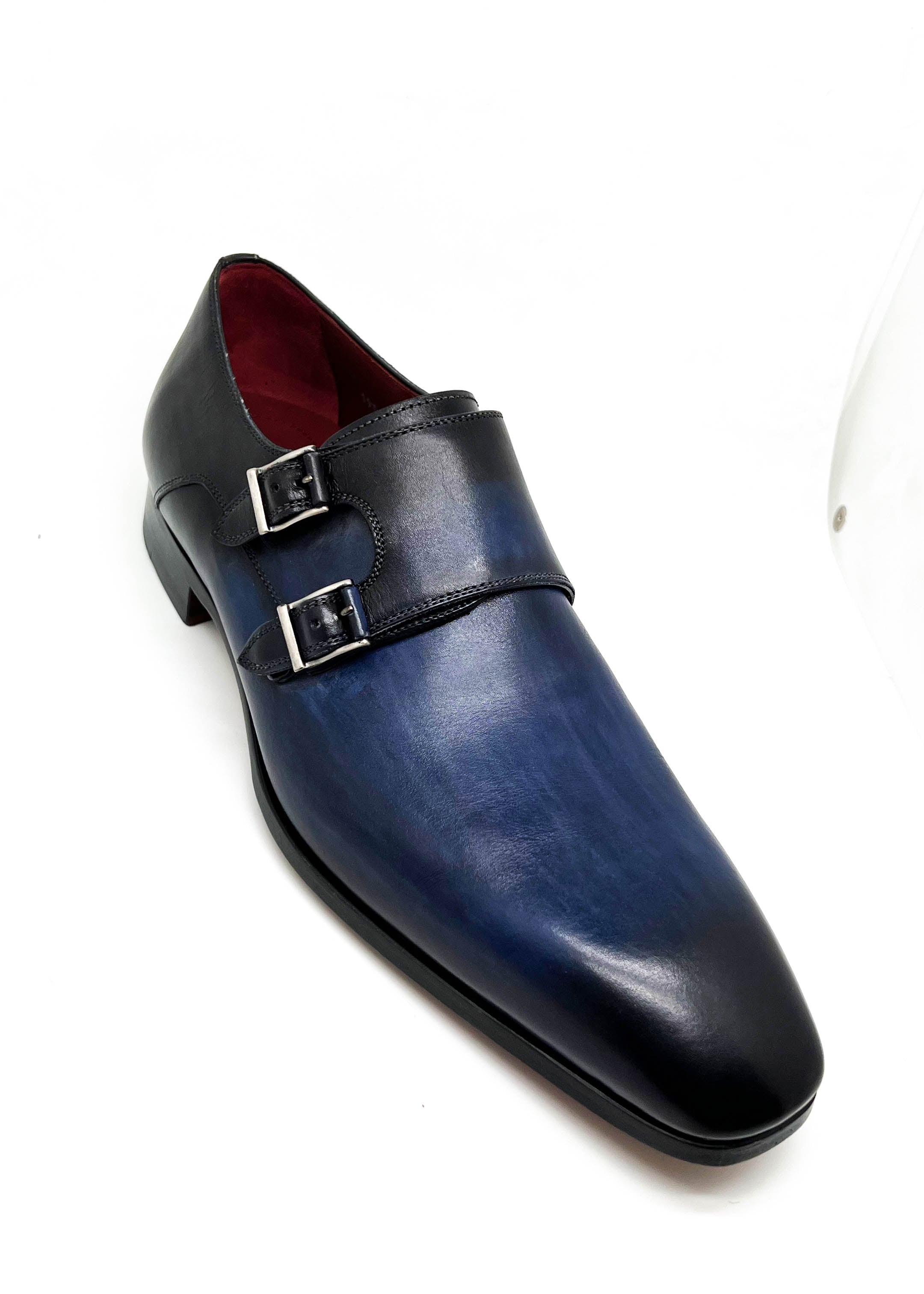 MAGNANNI - Navy Blue Patina Double Monk Strap Derby Loafers - 8.5