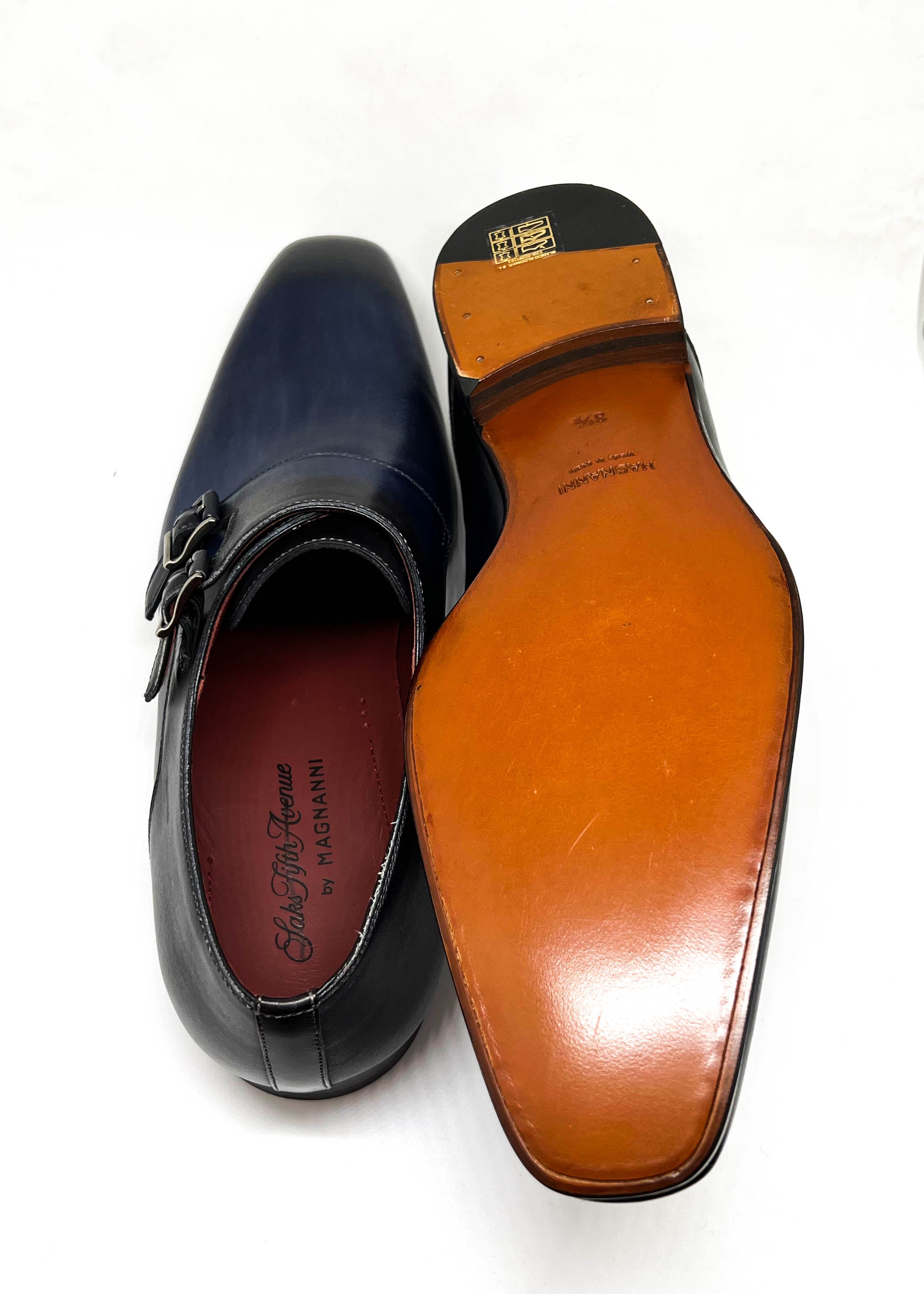 MAGNANNI - Navy Blue Patina Double Monk Strap Derby Loafers - 8.5