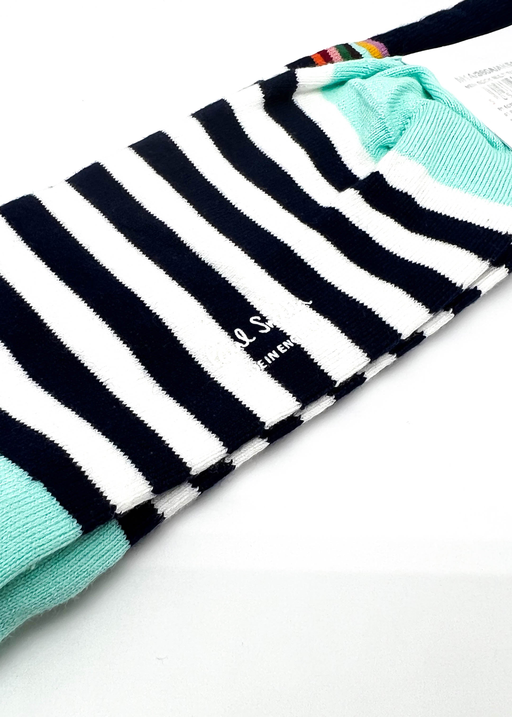 PAUL SMITH - NAVY "White & Mint" Striped Cotton Socks - N/A