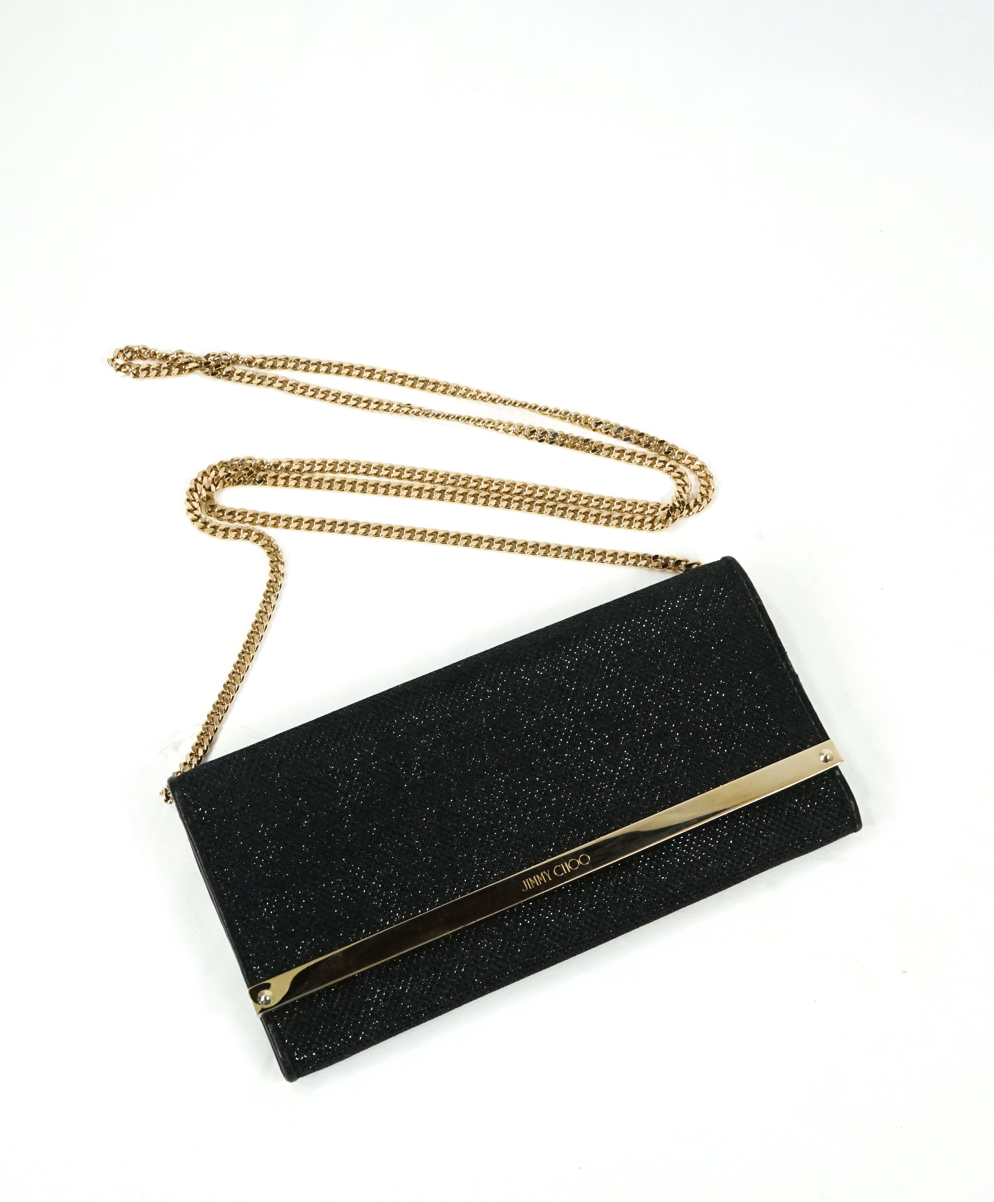 JIMMY CHOO - Black "MILLA" Lame Glitter Clutch Bag Gold Chain -