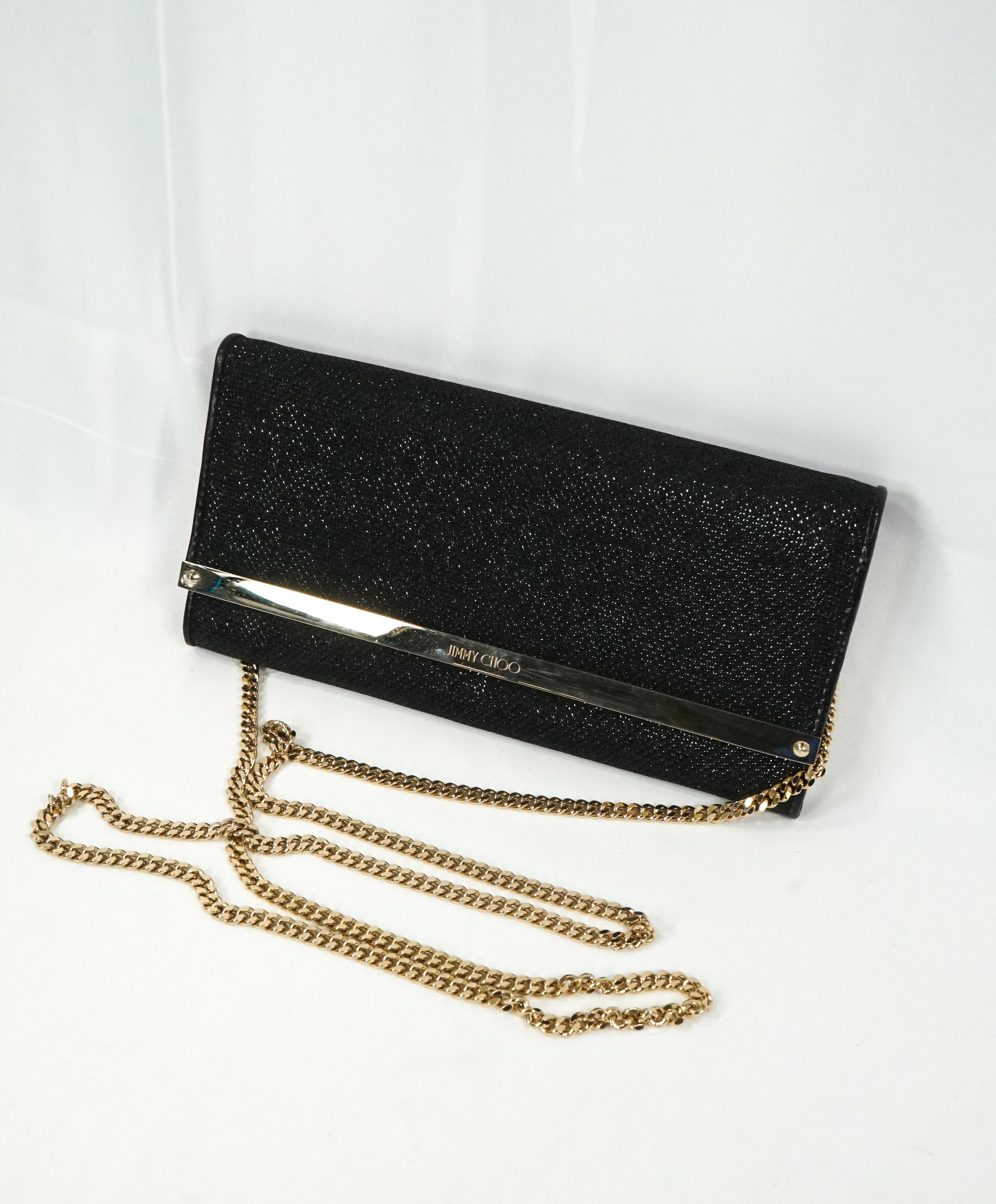 JIMMY CHOO - Black "MILLA" Lame Glitter Clutch Bag Gold Chain -