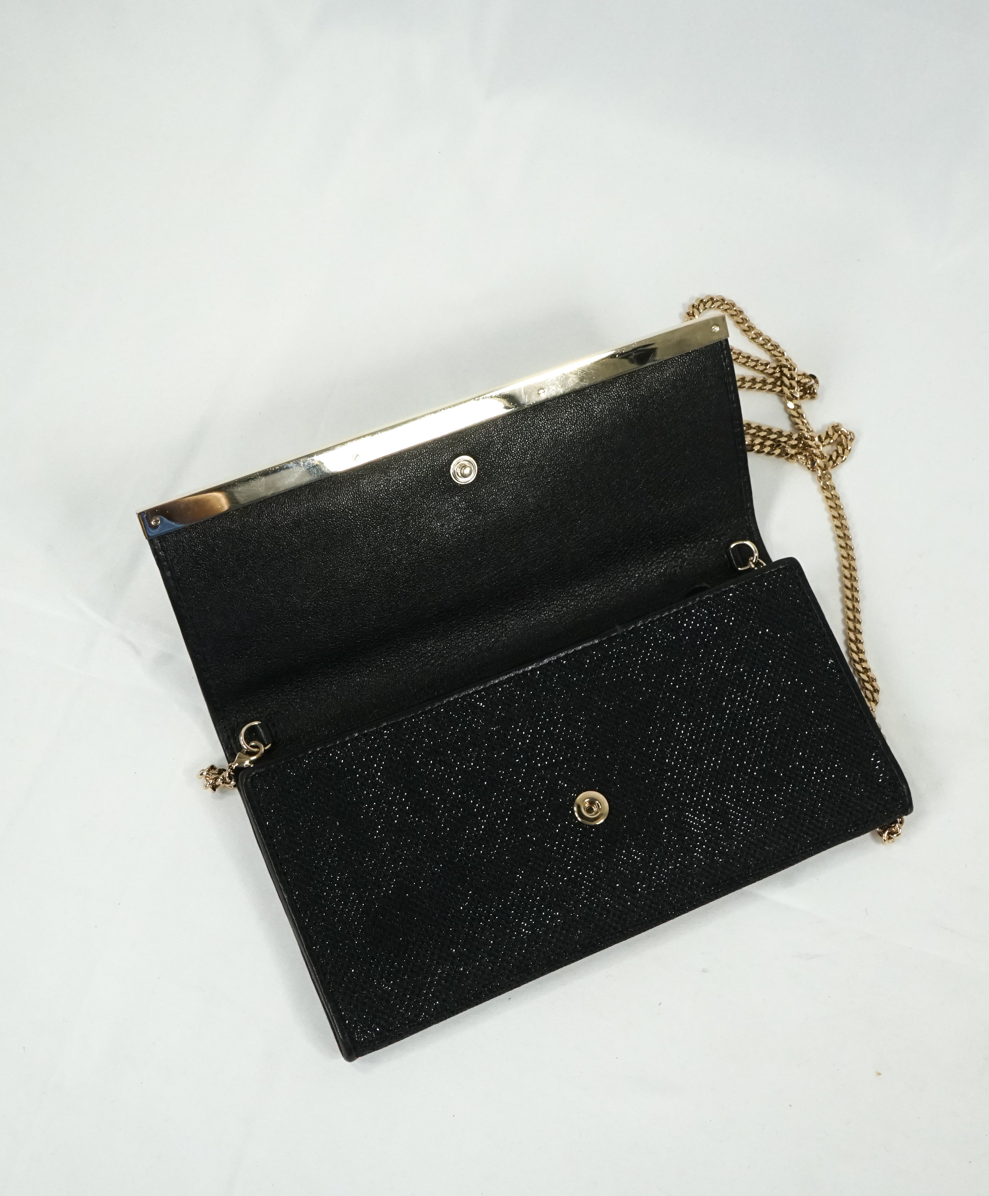 JIMMY CHOO - Black "MILLA" Lame Glitter Clutch Bag Gold Chain -