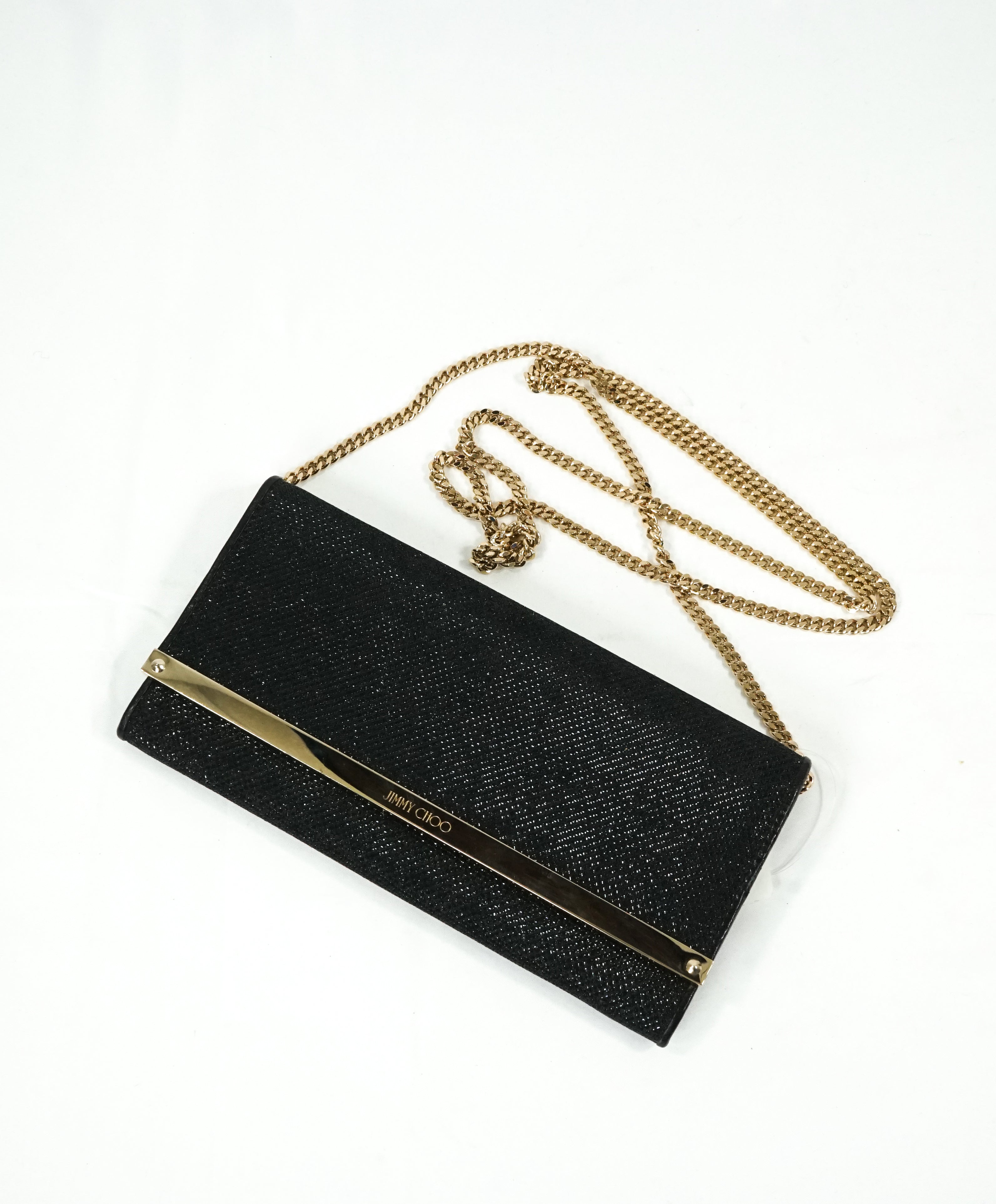 JIMMY CHOO - Black "MILLA" Lame Glitter Clutch Bag Gold Chain -