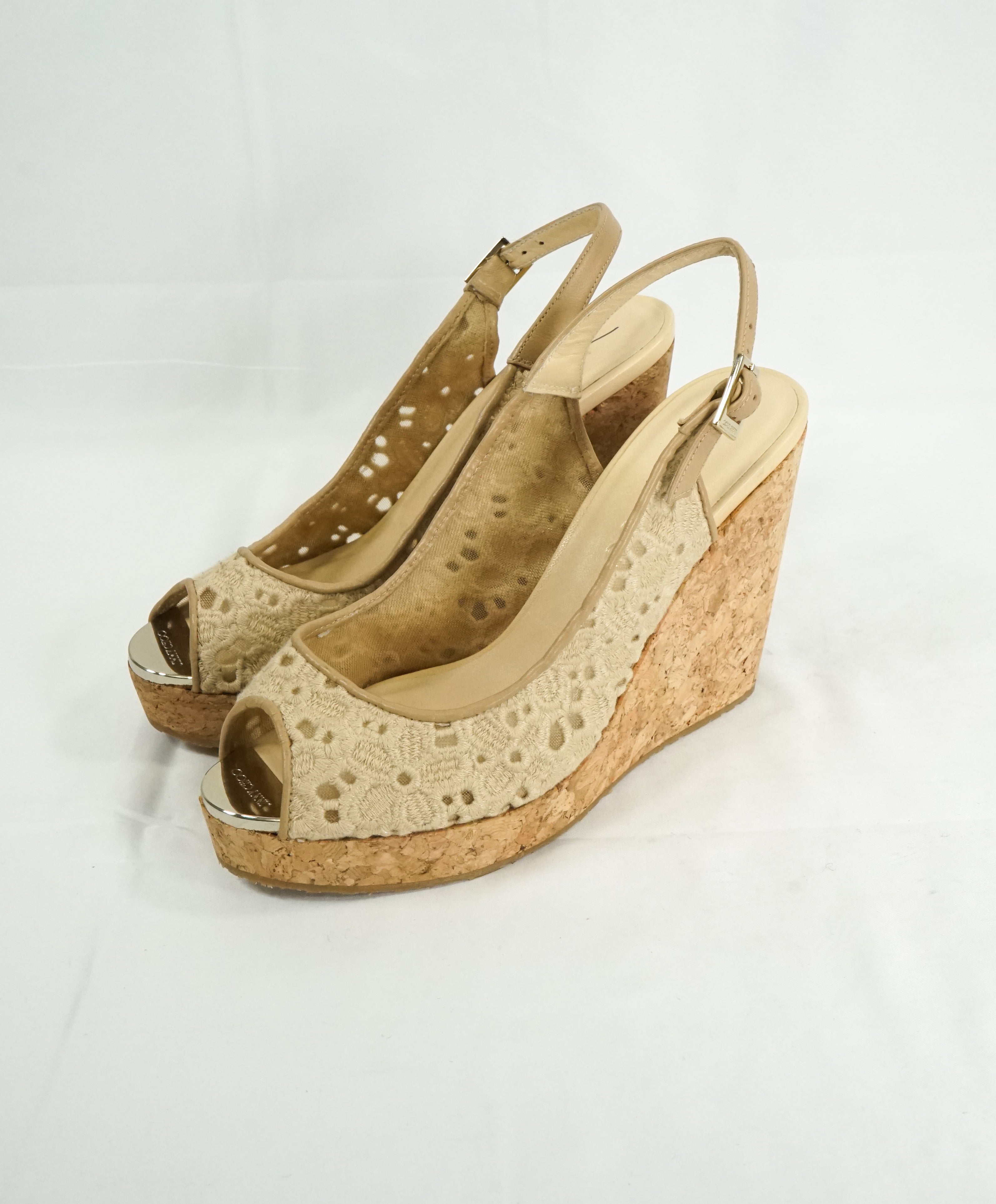 JIMMY CHOO - "PROVA" Peep Toe Platform Cork Wedge Slingback Sandals - 8