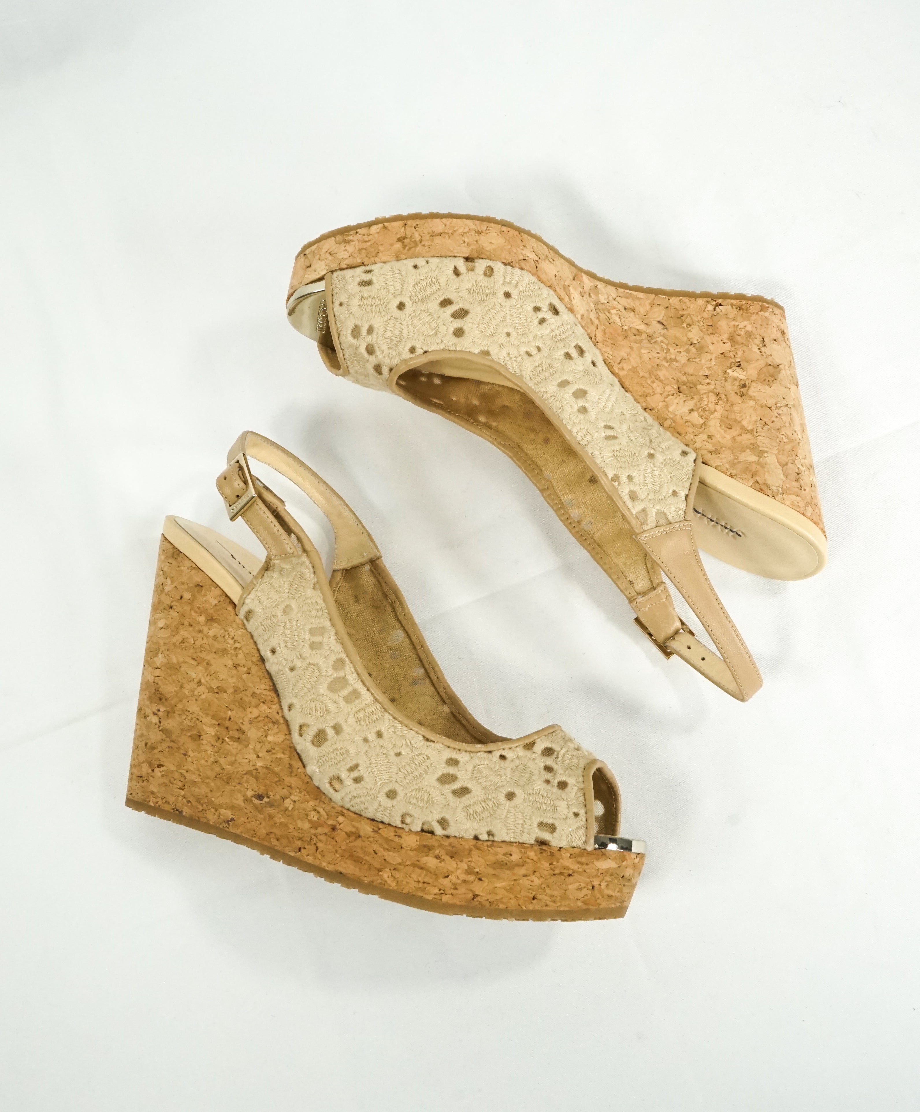 JIMMY CHOO - "PROVA" Peep Toe Platform Cork Wedge Slingback Sandals - 8