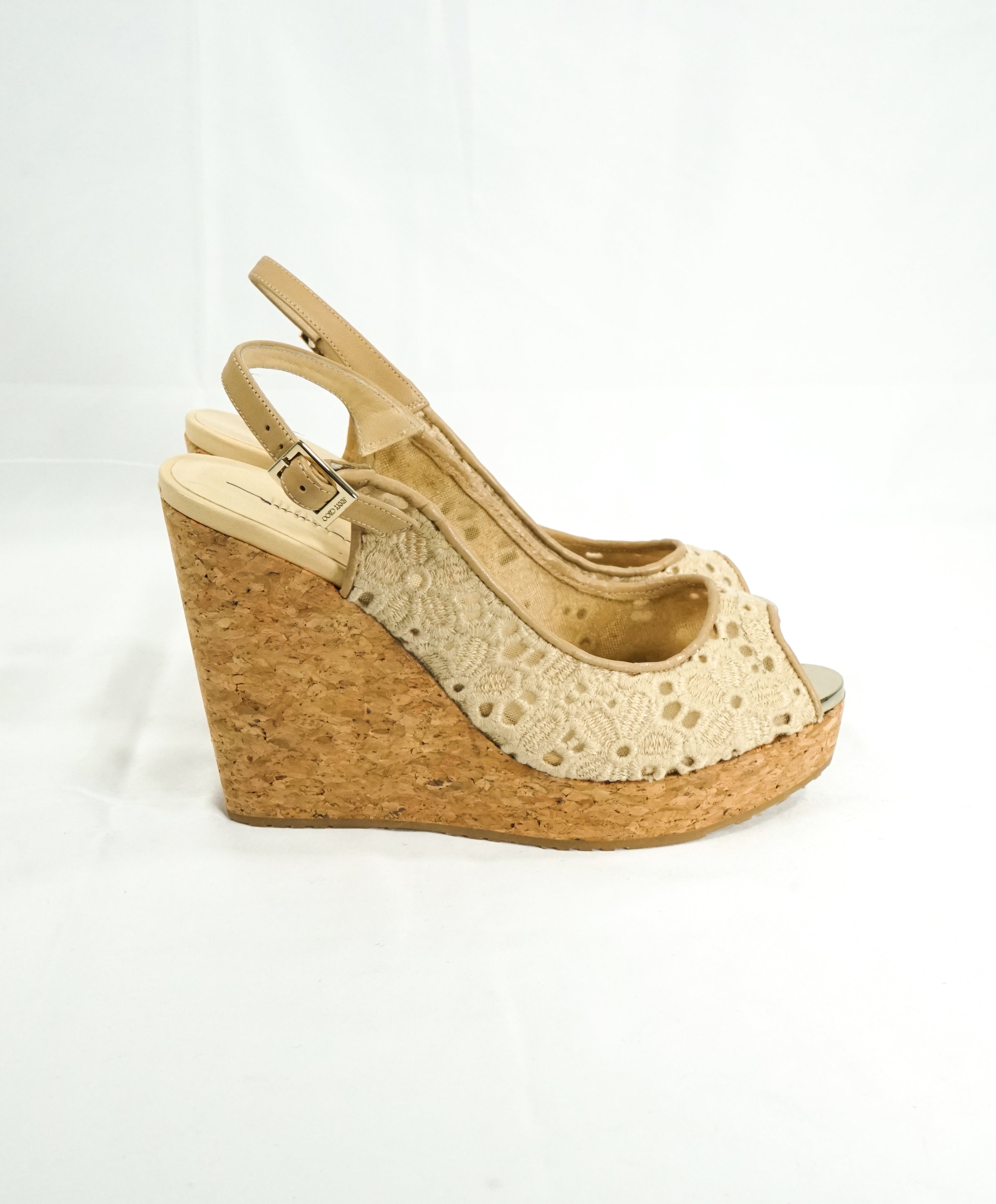 JIMMY CHOO - "PROVA" Peep Toe Platform Cork Wedge Slingback Sandals - 8