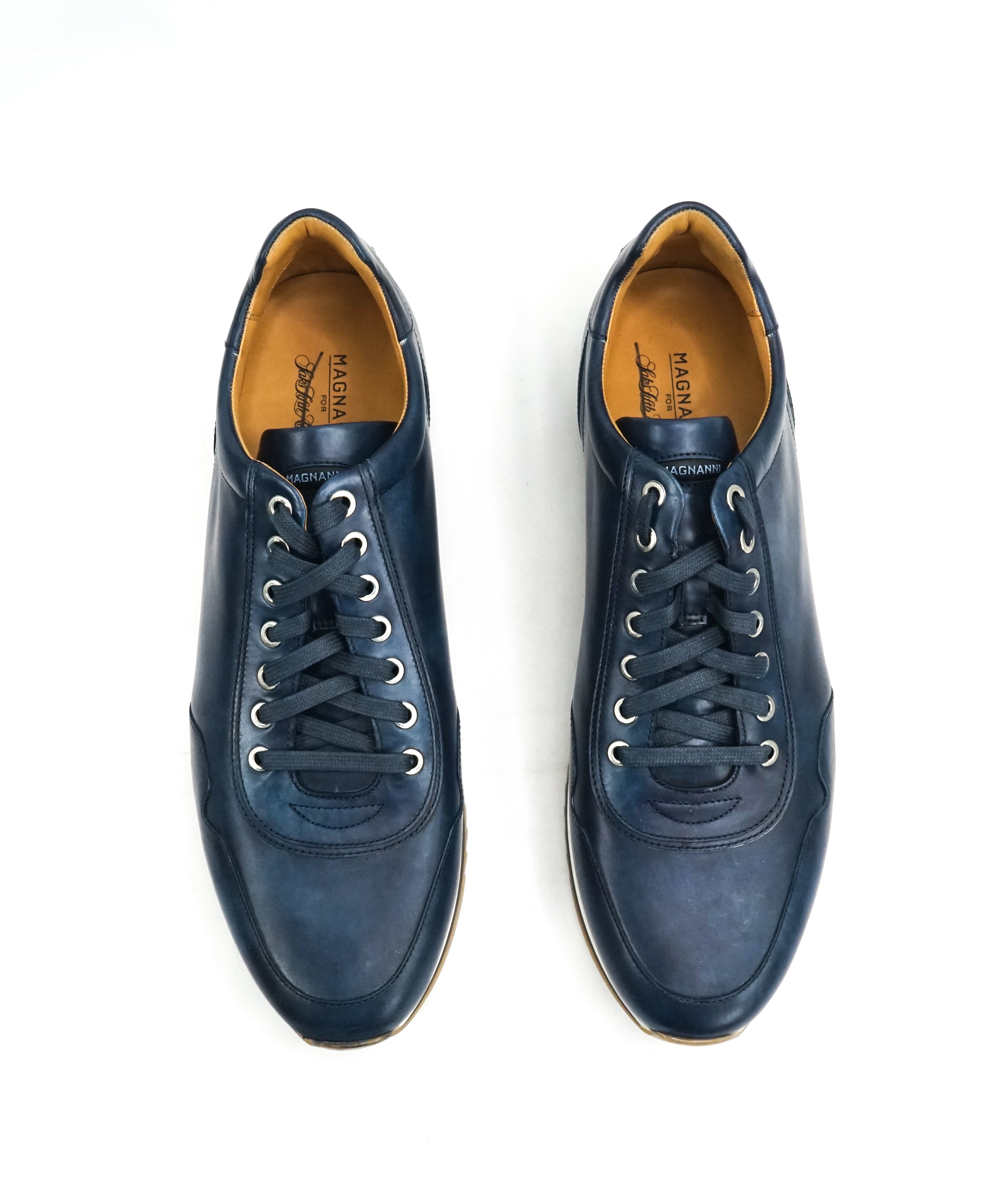 MAGNANNI - Lace Up Blue Patina Leather Sneakers W Rubber Sole - 11