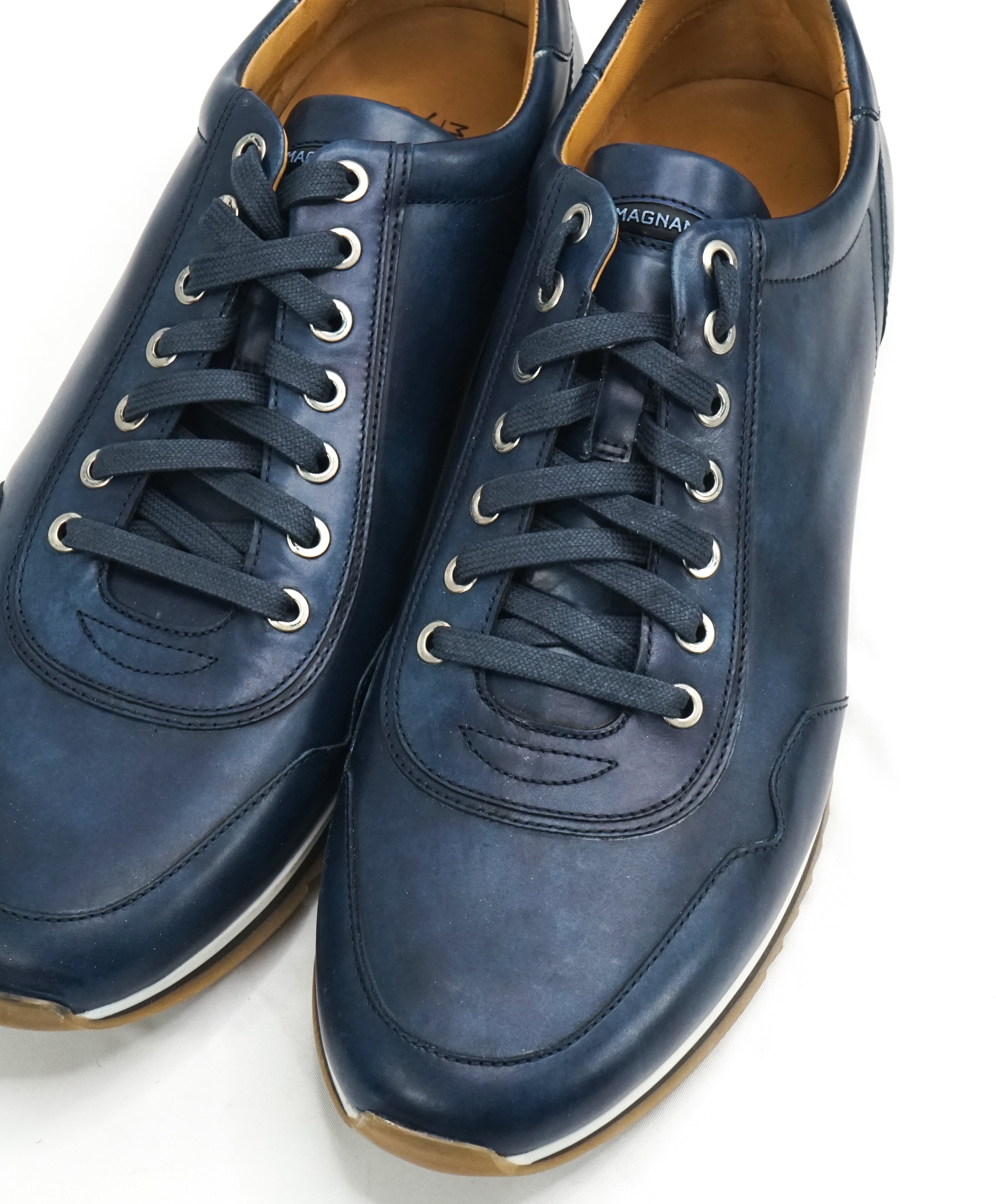 MAGNANNI - Lace Up Blue Patina Leather Sneakers W Rubber Sole - 11