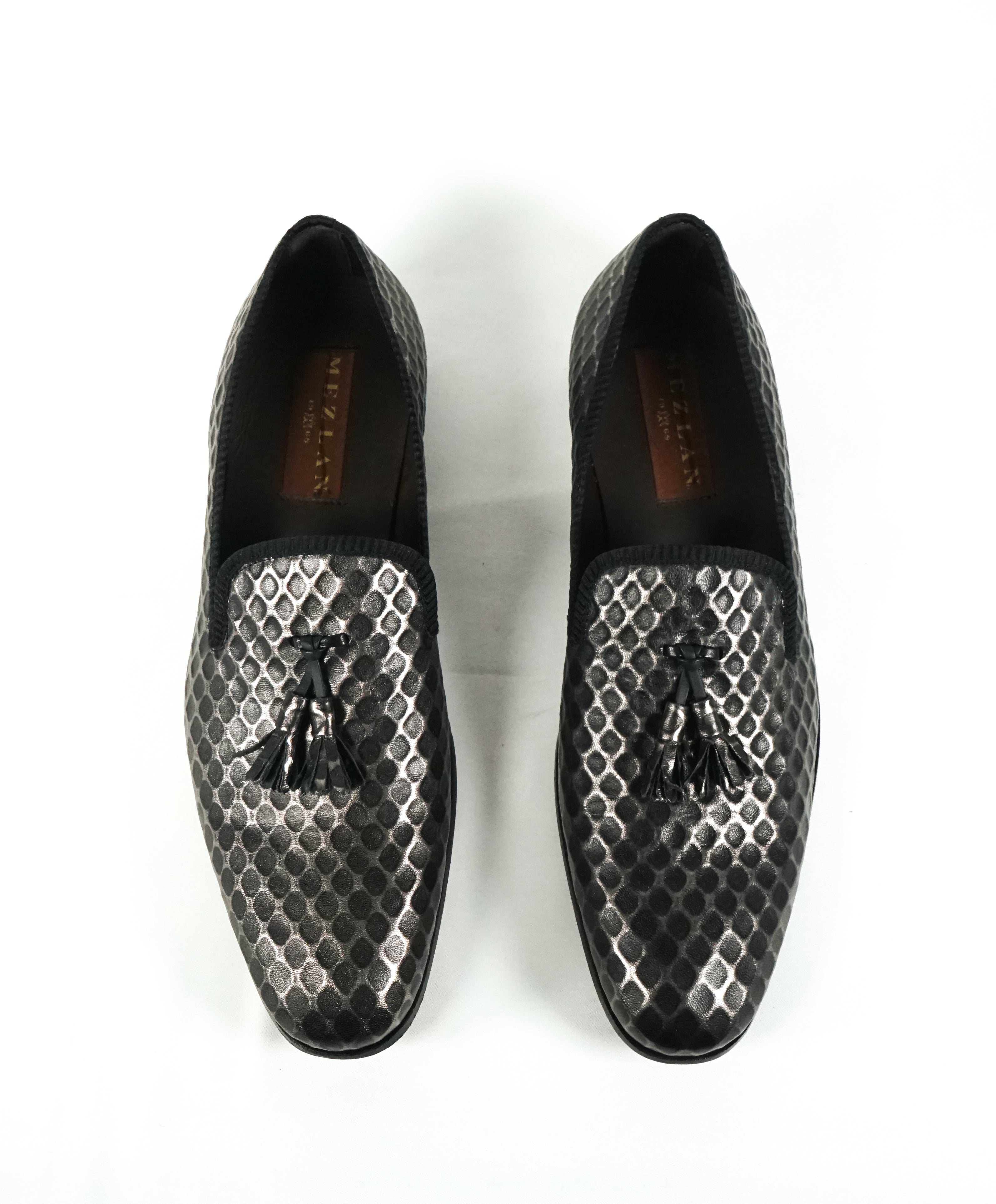 MEZLAN - Textured Geometric Tassel Black Metallic Loafers - 10