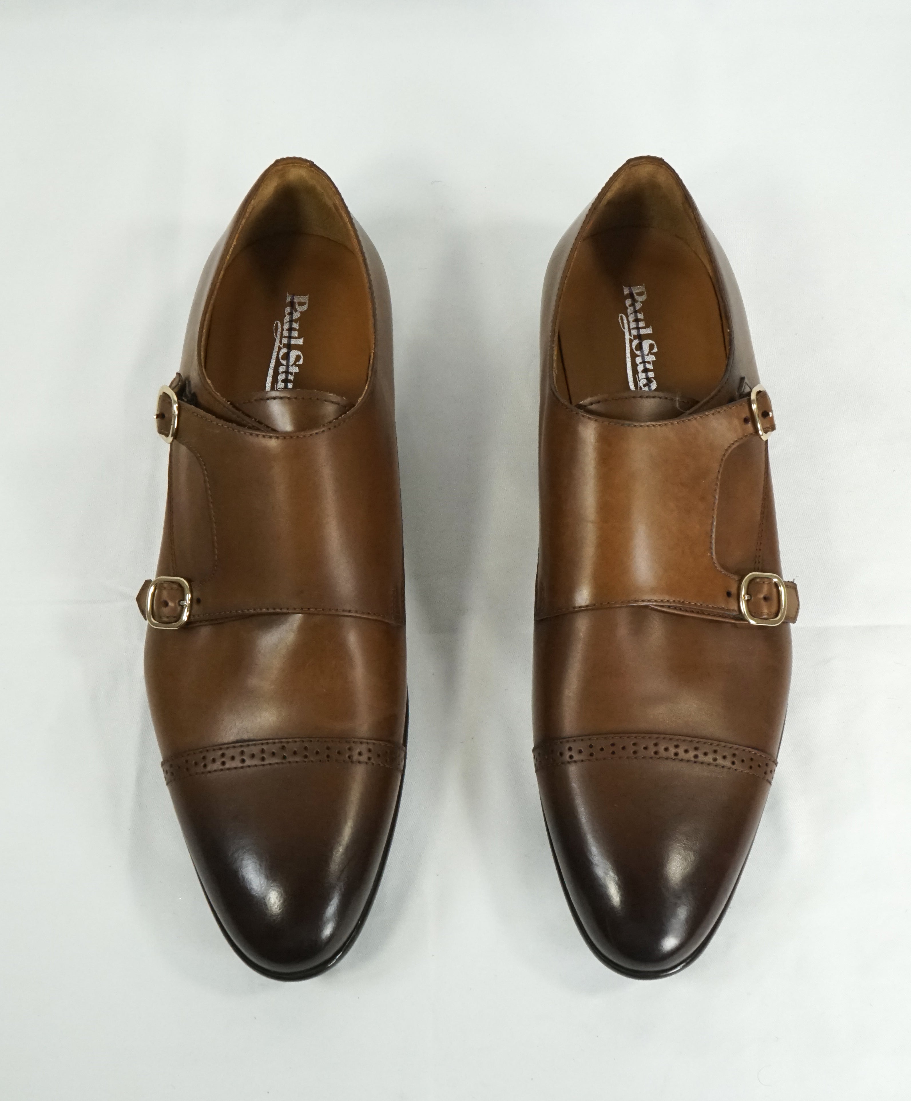 PAUL STUART - Leather Double Monk Strap Loafers Brogue Detail - 10.5