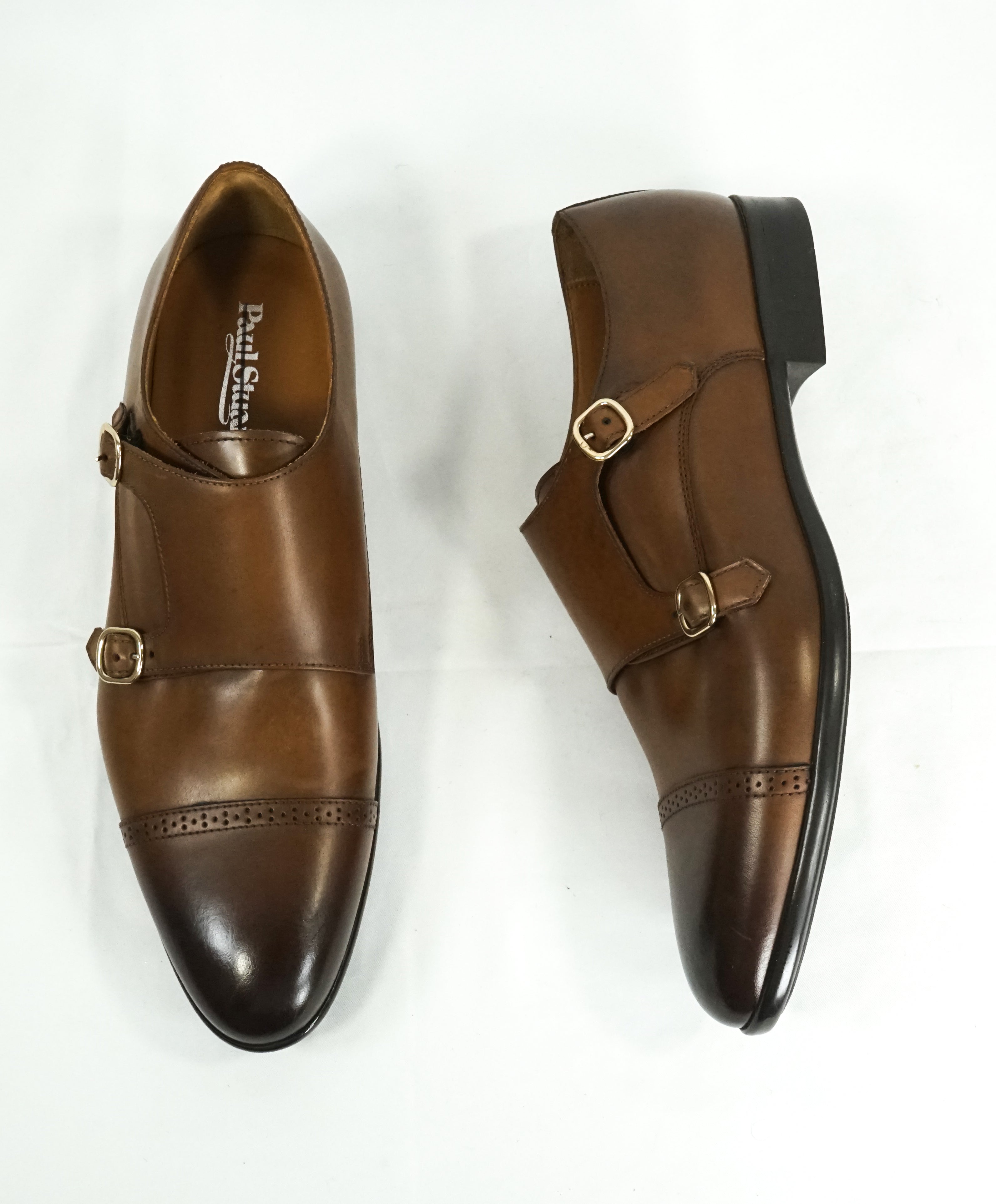 PAUL STUART - Leather Double Monk Strap Loafers Brogue Detail - 10.5