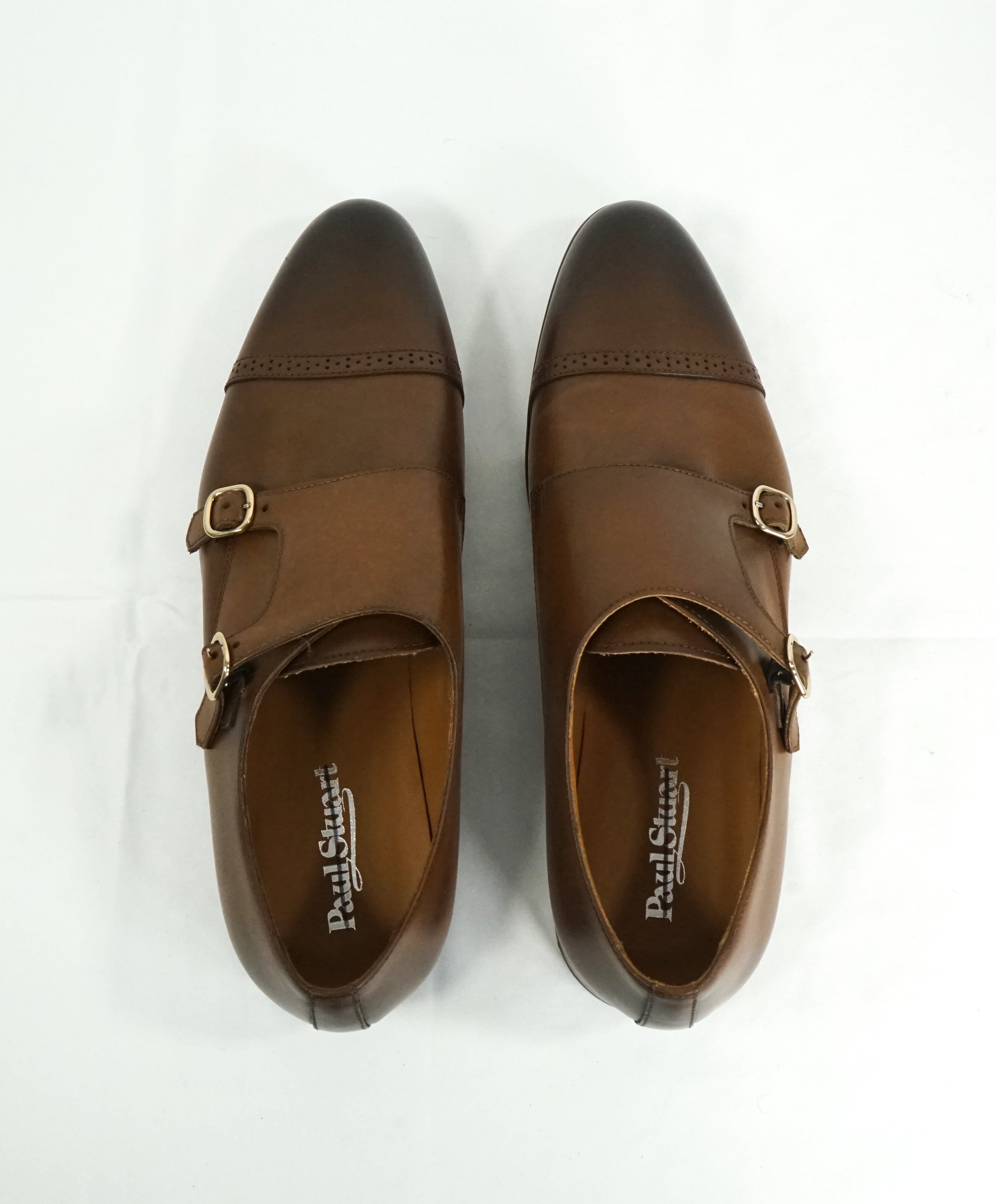 PAUL STUART - Leather Double Monk Strap Loafers Brogue Detail - 10.5