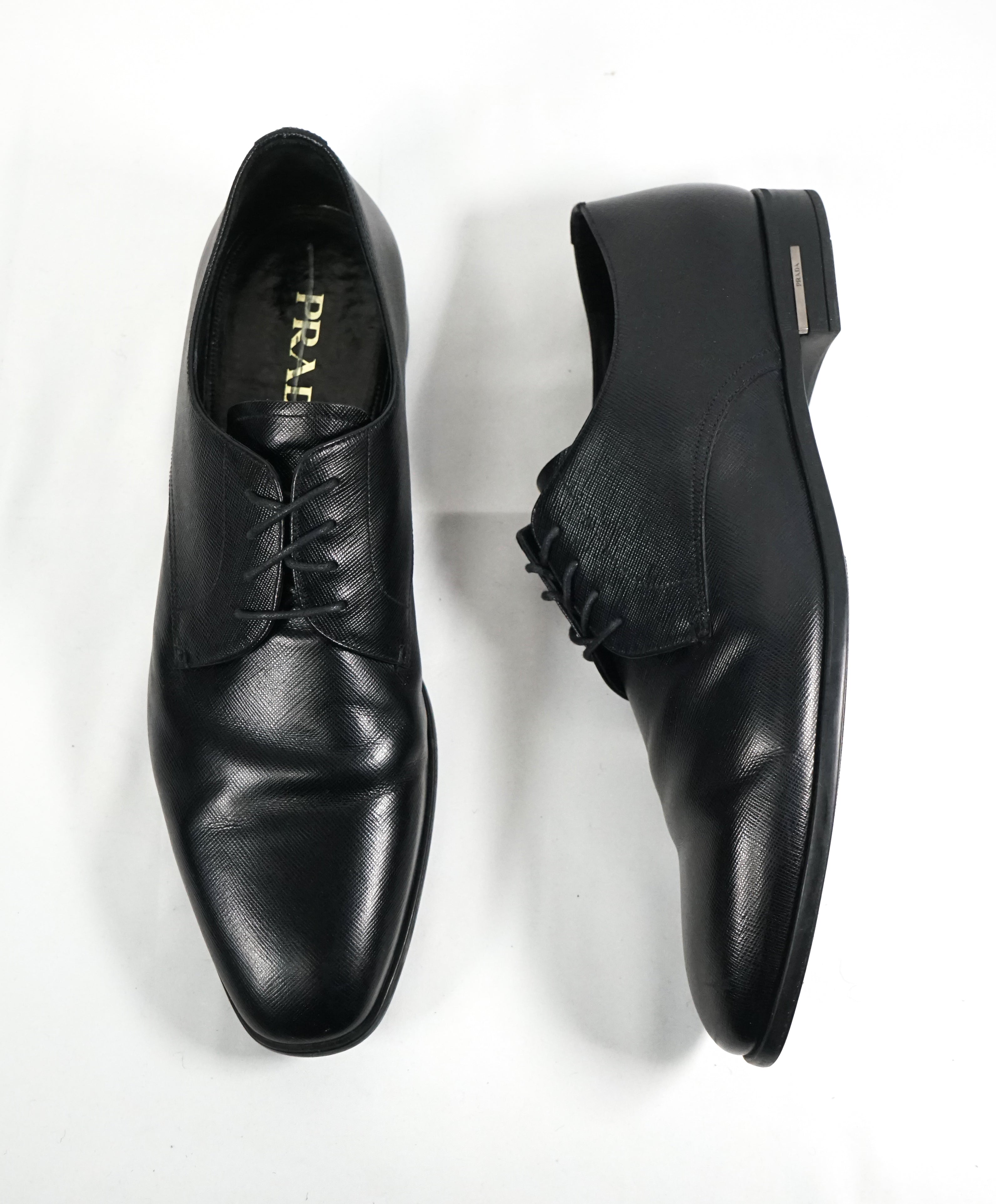 PRADA - Saffiano Leather Plain Vamp Spazzolato Oxfords With Logo Inset Heel - 12