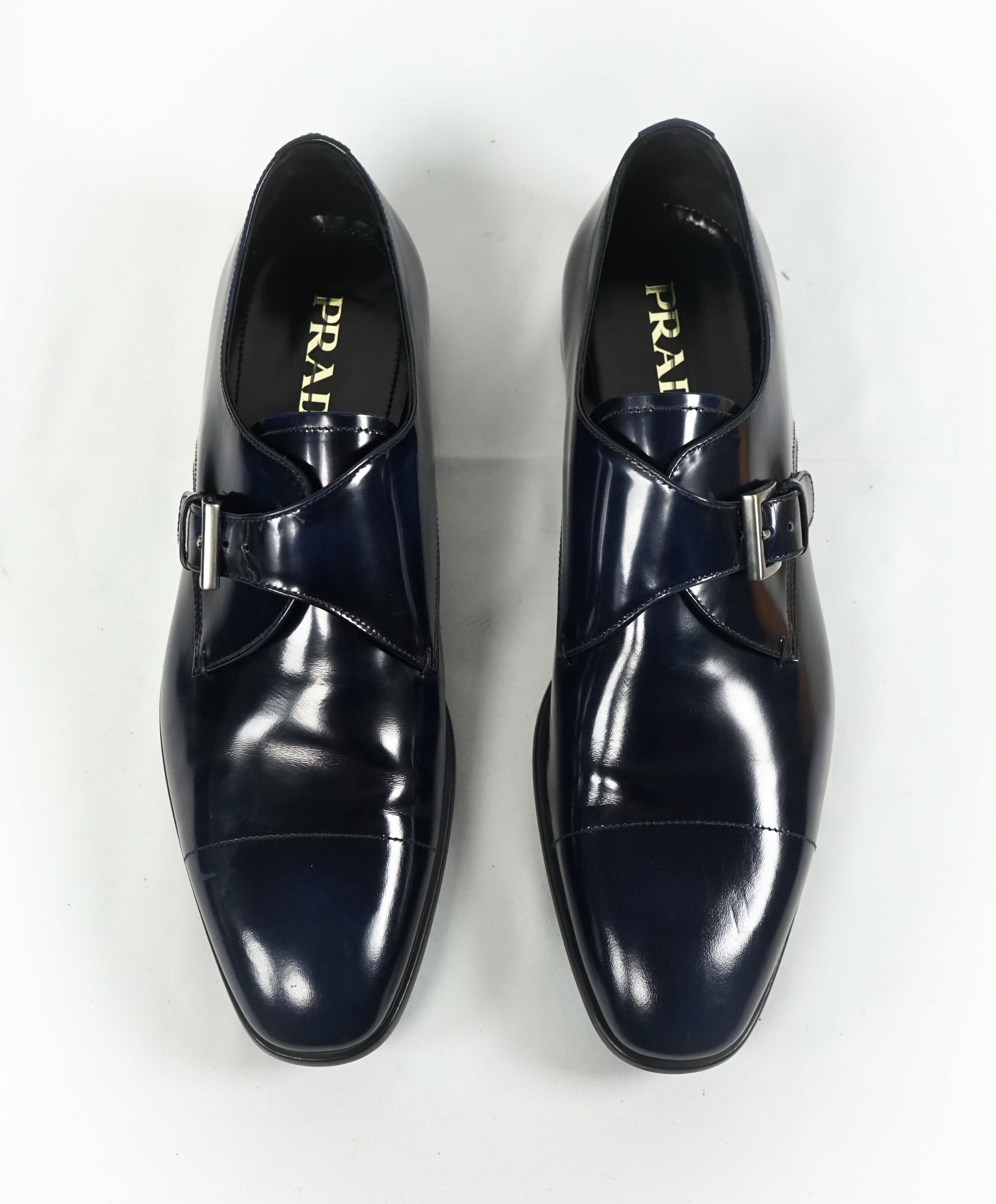 PRADA - Patent Leather Monk Strap Spazzolato Loafer W Logo Inset Heel - L10 R9.5