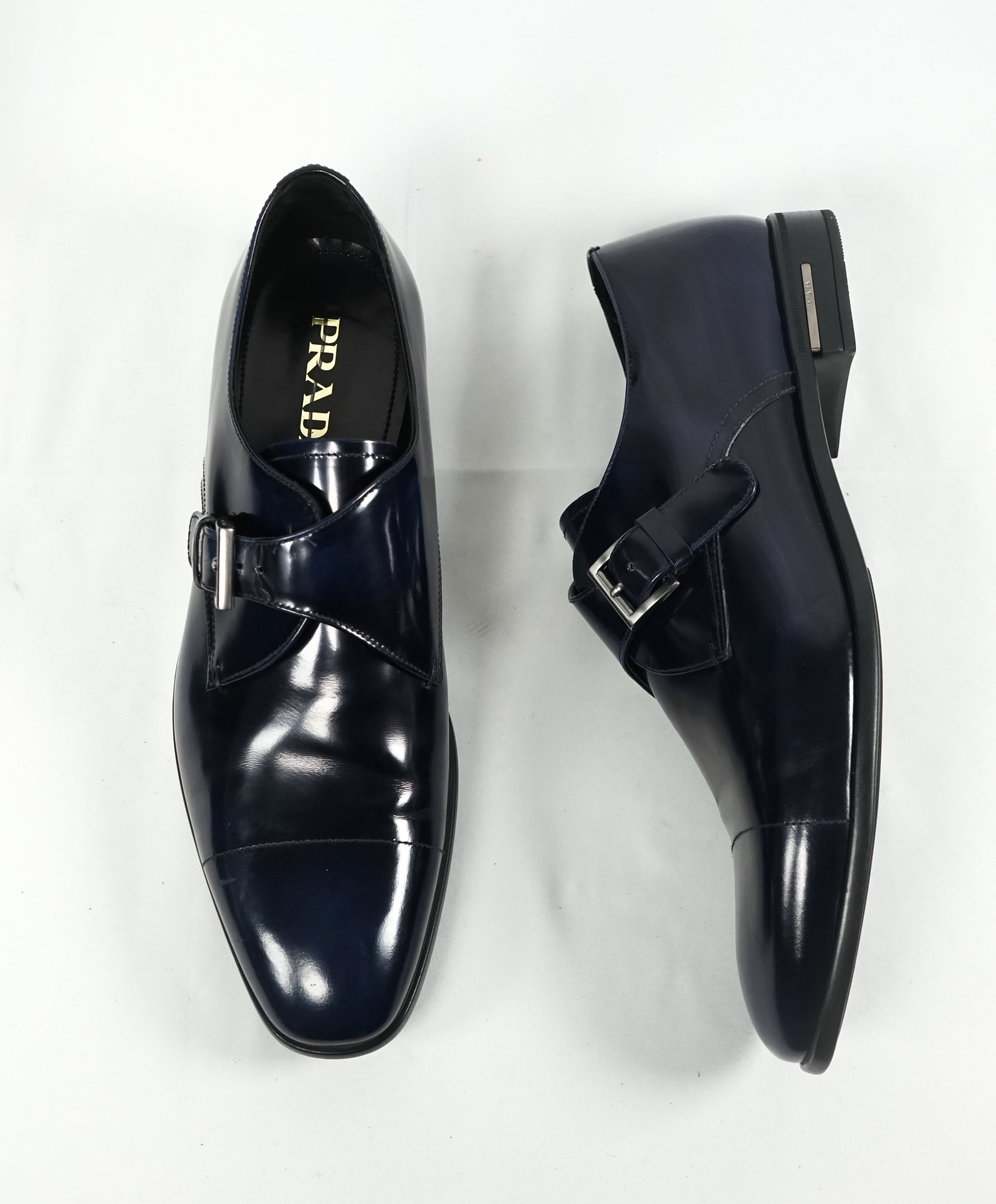 PRADA - Patent Leather Monk Strap Spazzolato Loafer W Logo Inset Heel - L10 R9.5