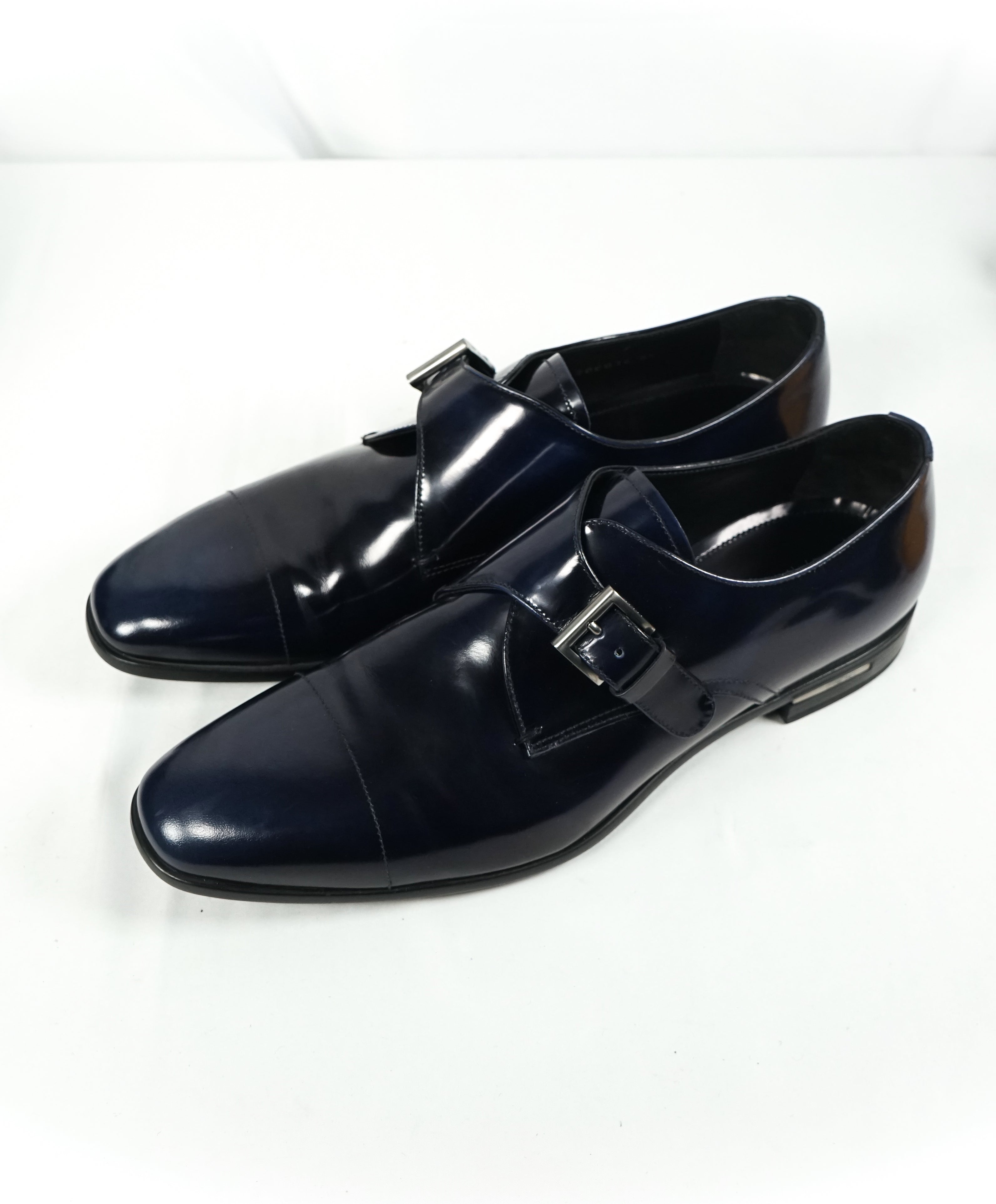 PRADA - Patent Leather Monk Strap Spazzolato Loafer W Logo Inset Heel - L10 R9.5