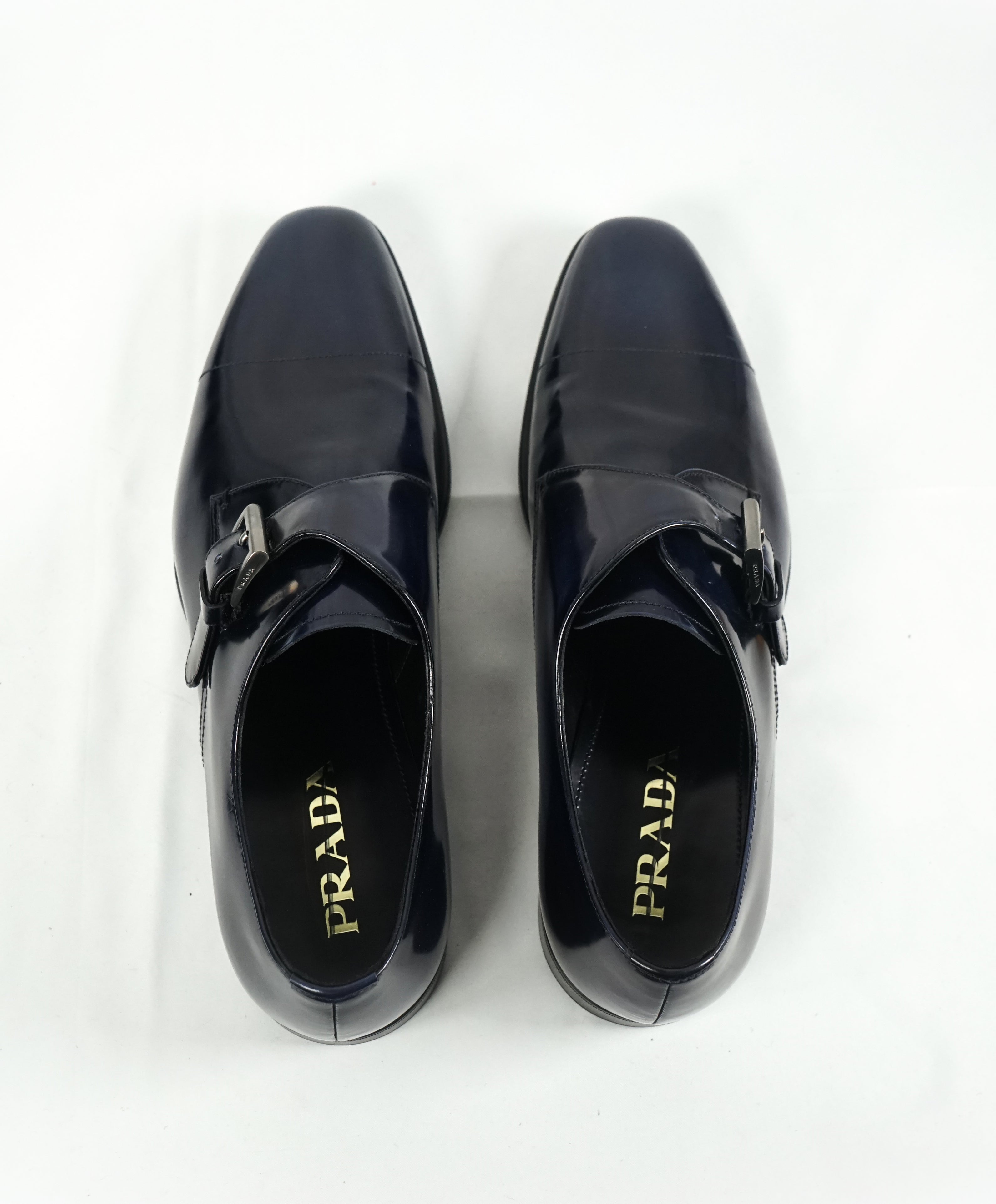 PRADA - Patent Leather Monk Strap Spazzolato Loafer W Logo Inset Heel - L10 R9.5