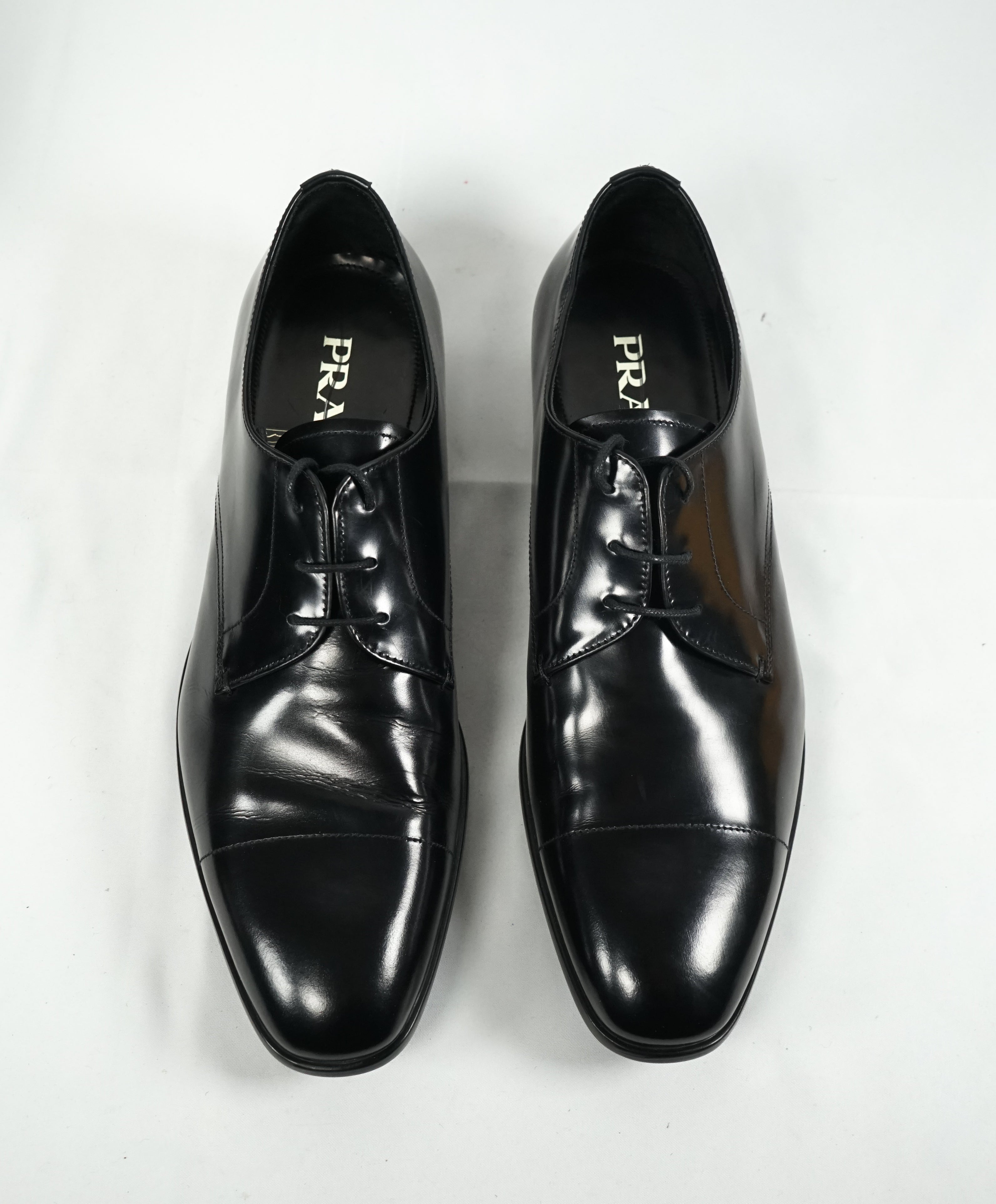 PRADA - Patent Leather Cap Toe Spazzolato Oxfords With Logo Inset Heel - 9.5