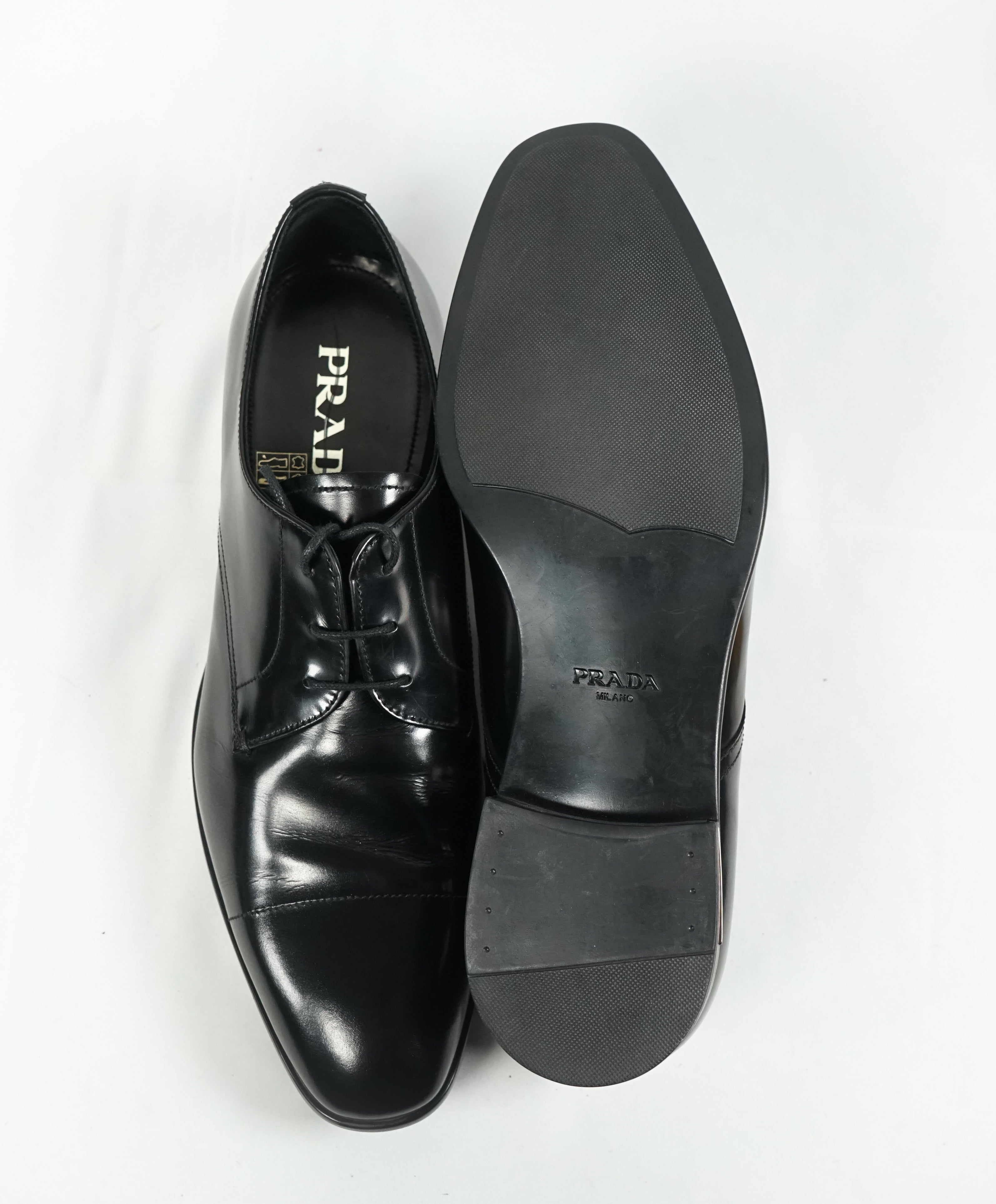 PRADA - Patent Leather Cap Toe Spazzolato Oxfords With Logo Inset Heel - 9.5