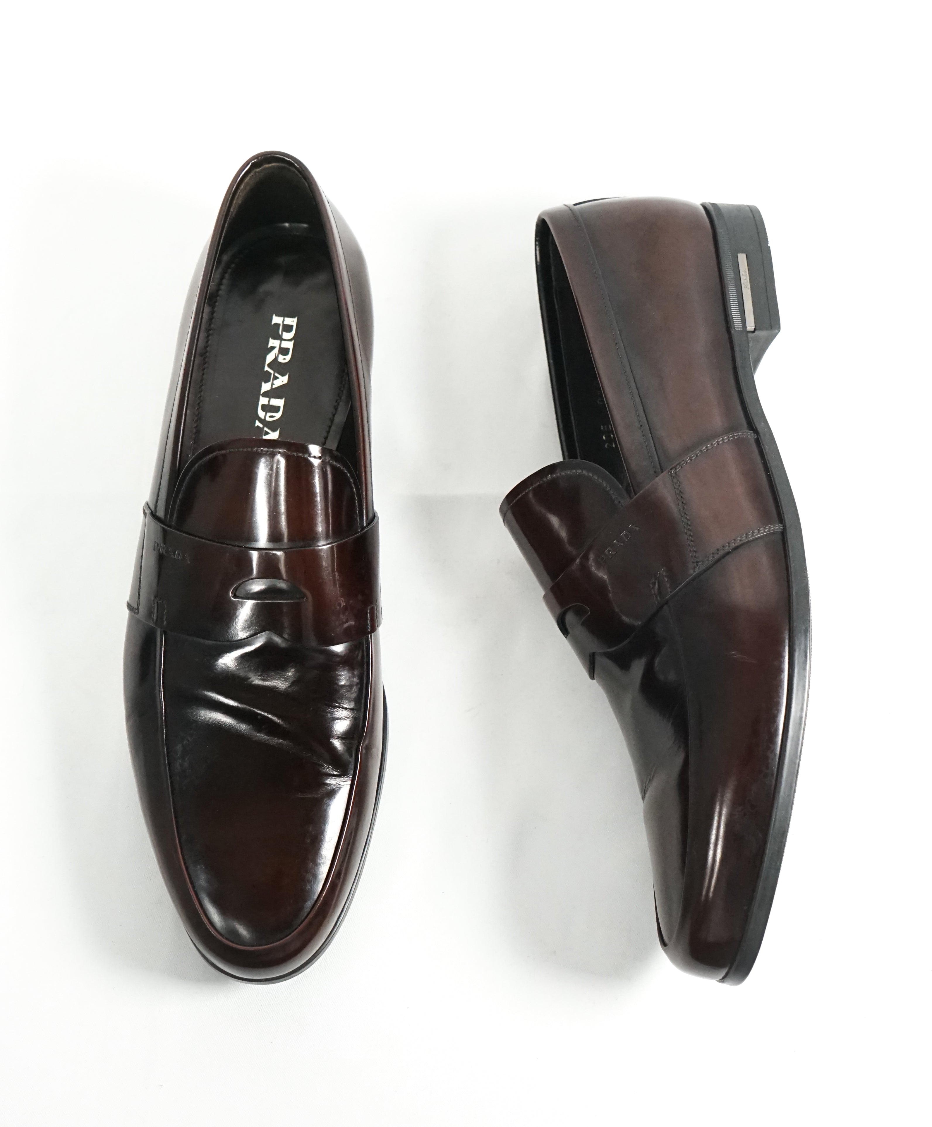 PRADA - Patent Leather Brown Spazzolato Penny Loafer With Heel - 12