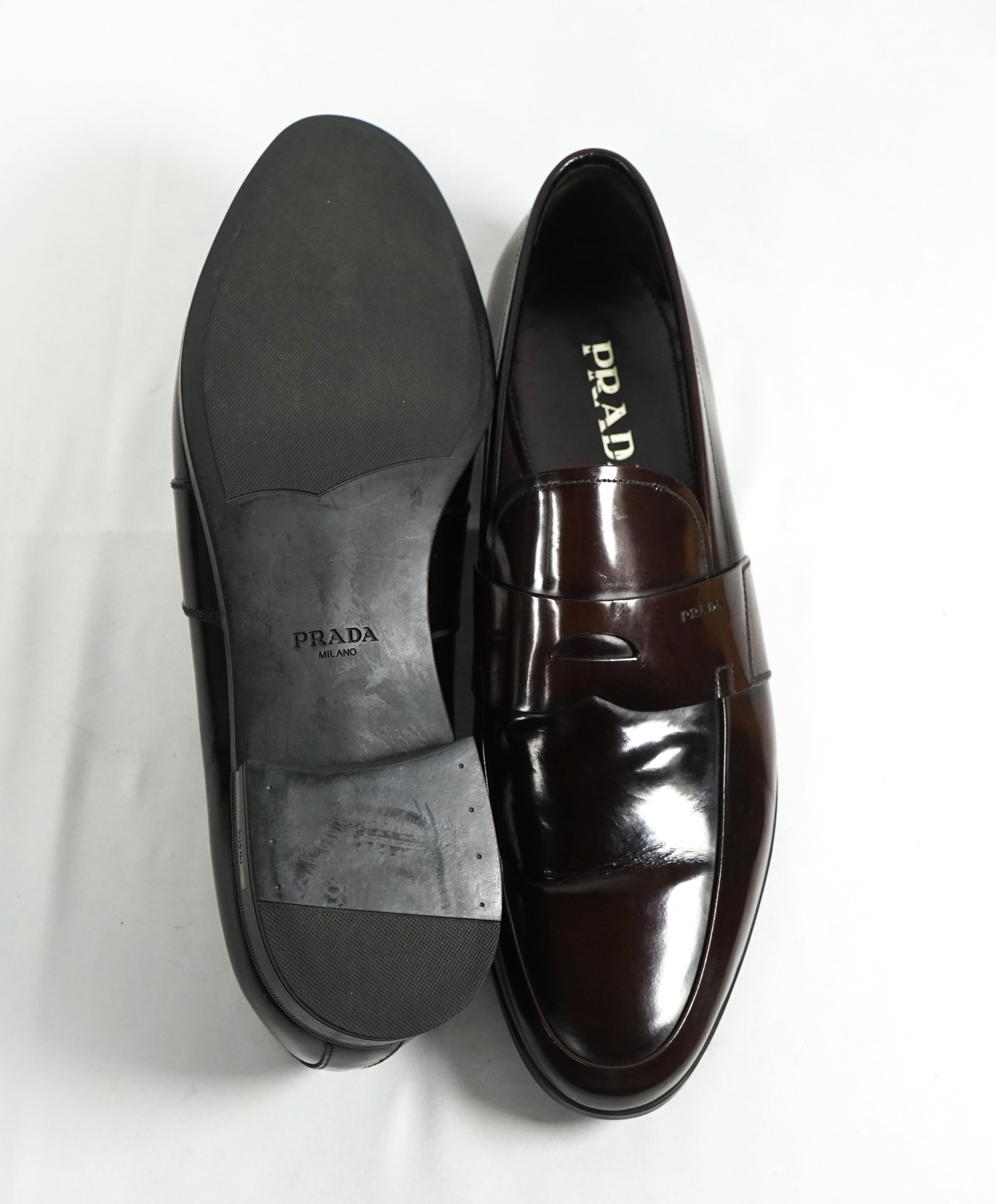 PRADA - Patent Leather Brown Spazzolato Penny Loafer With Heel - 12