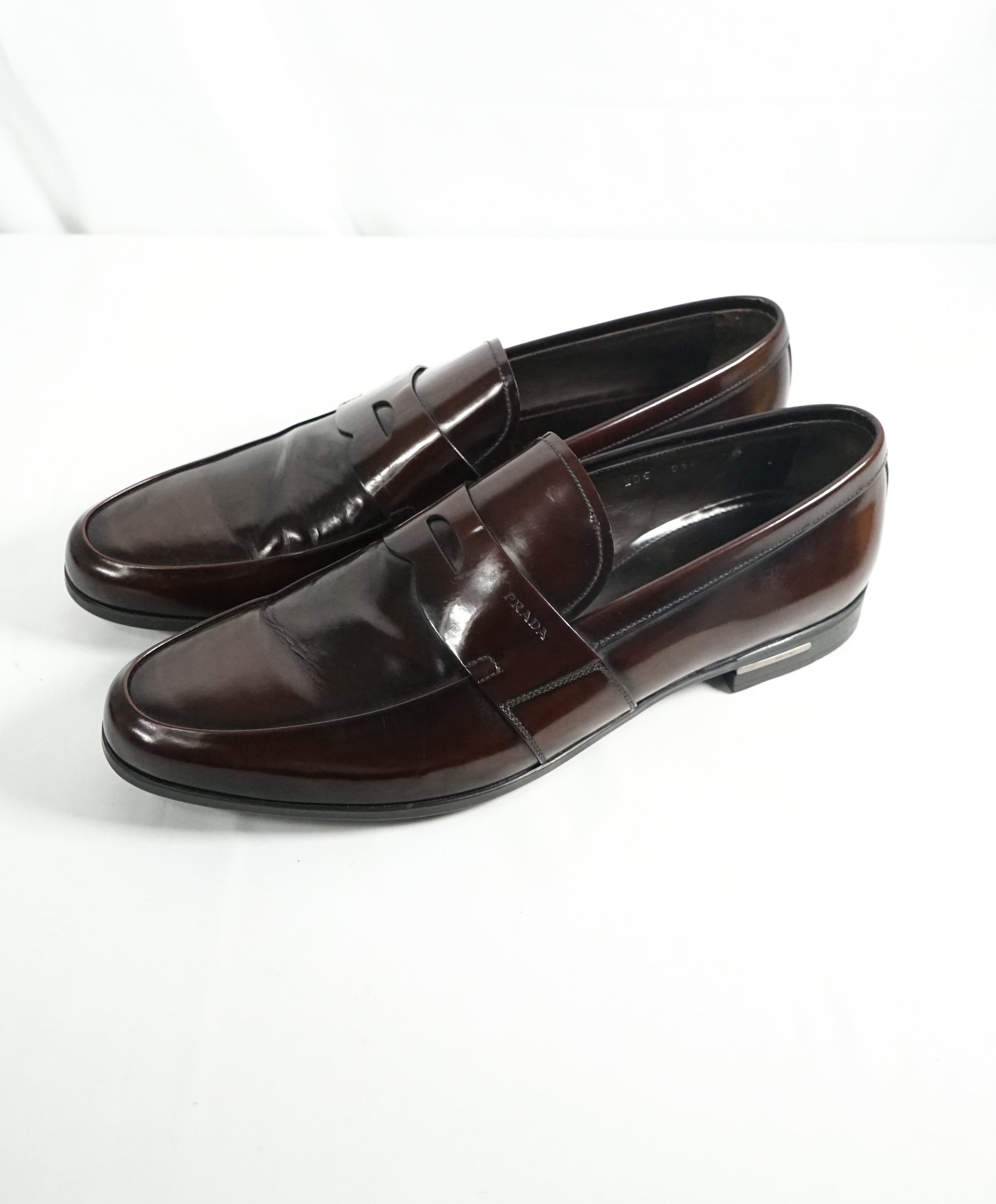 PRADA - Patent Leather Brown Spazzolato Penny Loafer With Heel - 12