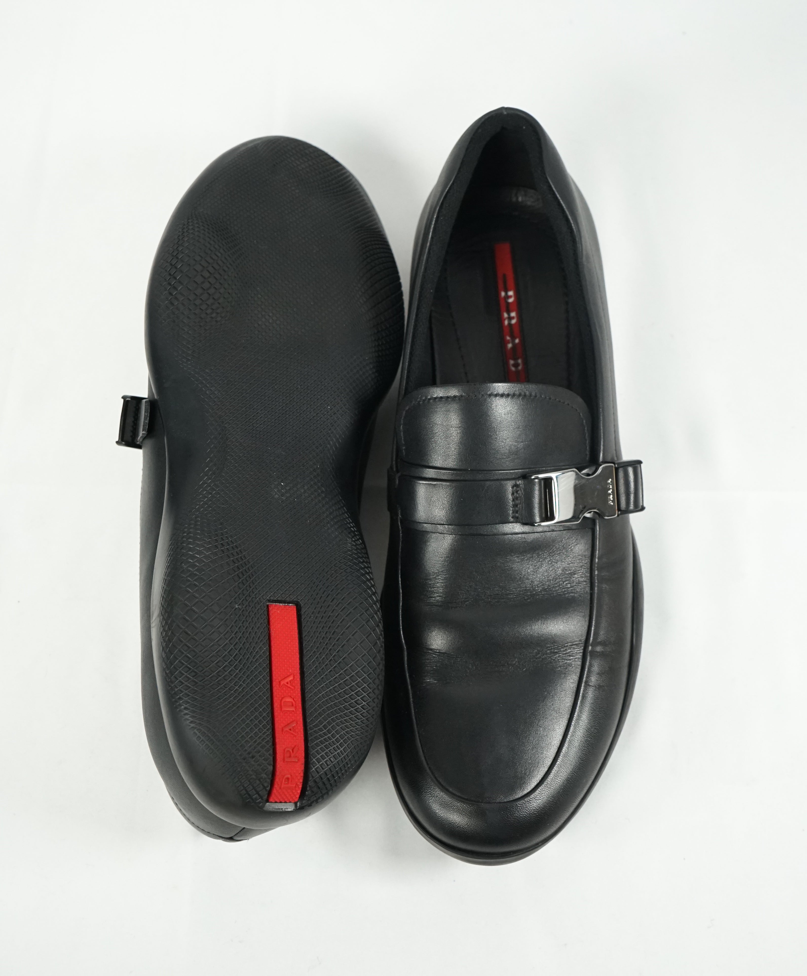 PRADA - Linea Rossa Engraved Logo Buckle Loafers  - 9