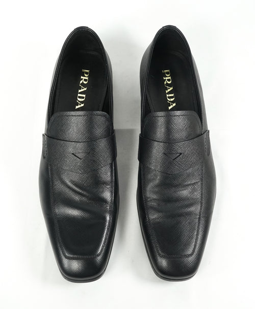 PRADA - Asymmetrical Saffiano Leather Logo Penny Loafers Black - 11US