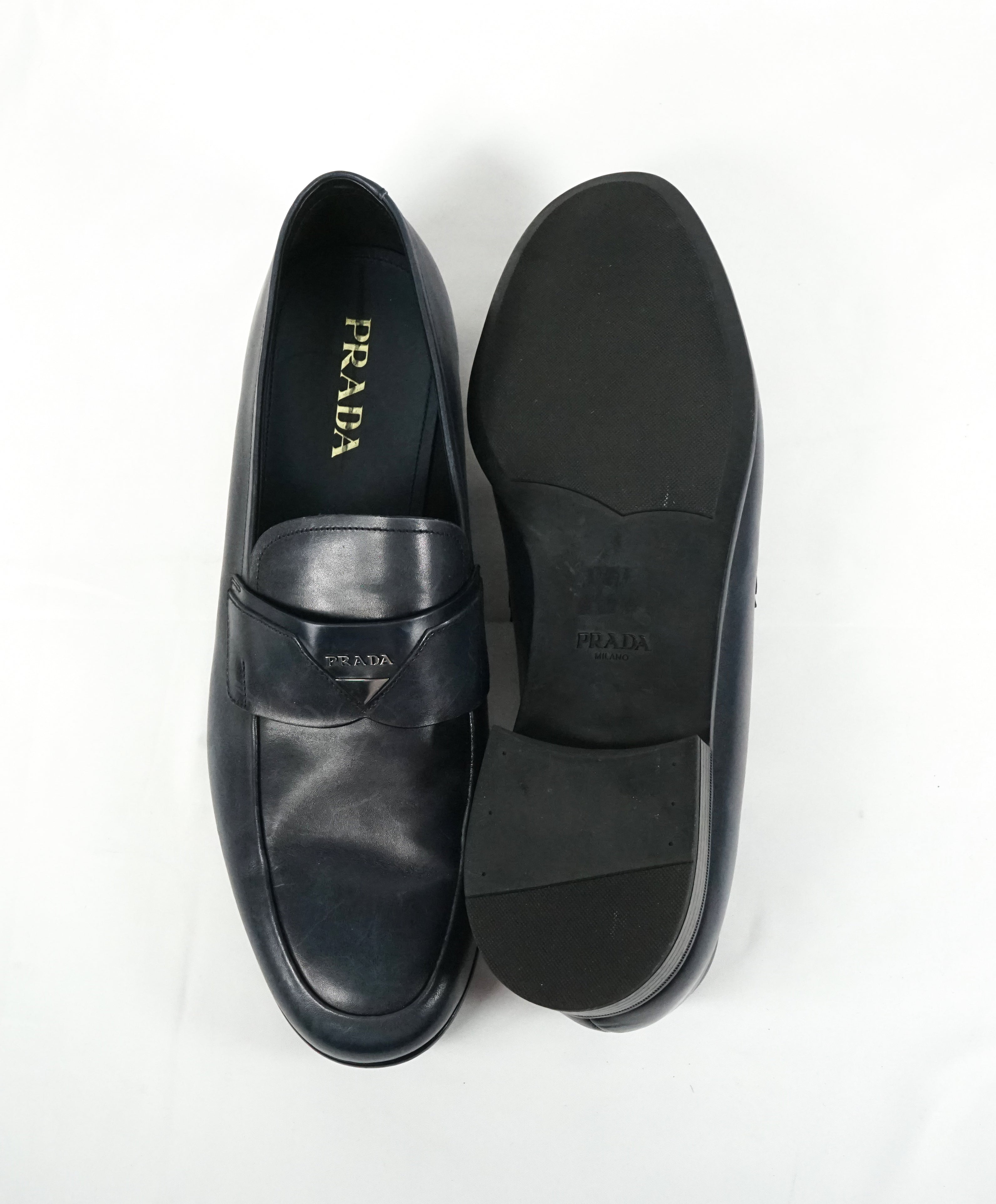 PRADA - Blue Round Toe Loafers With Logo Plaque Strap - 13