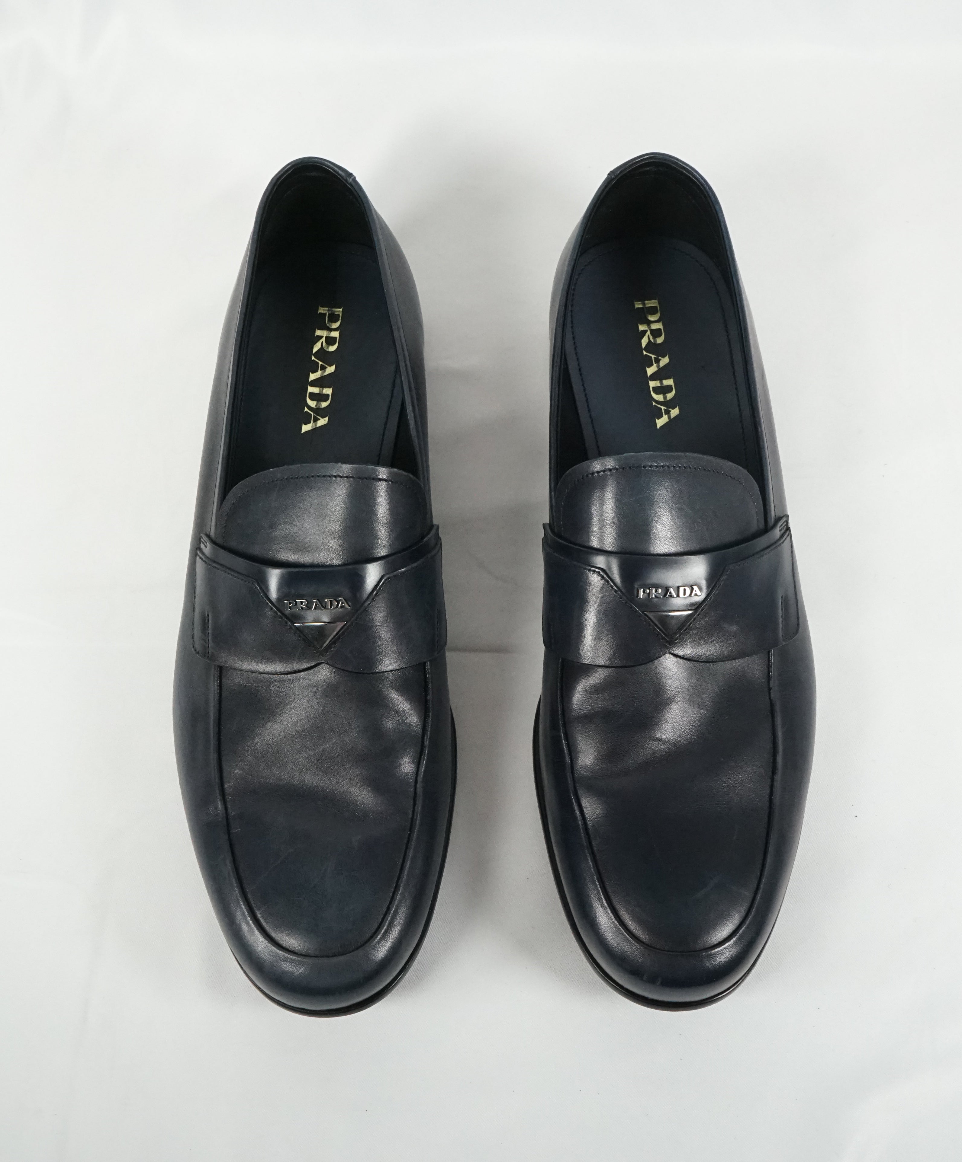 PRADA - Blue Round Toe Loafers With Logo Plaque Strap - 13