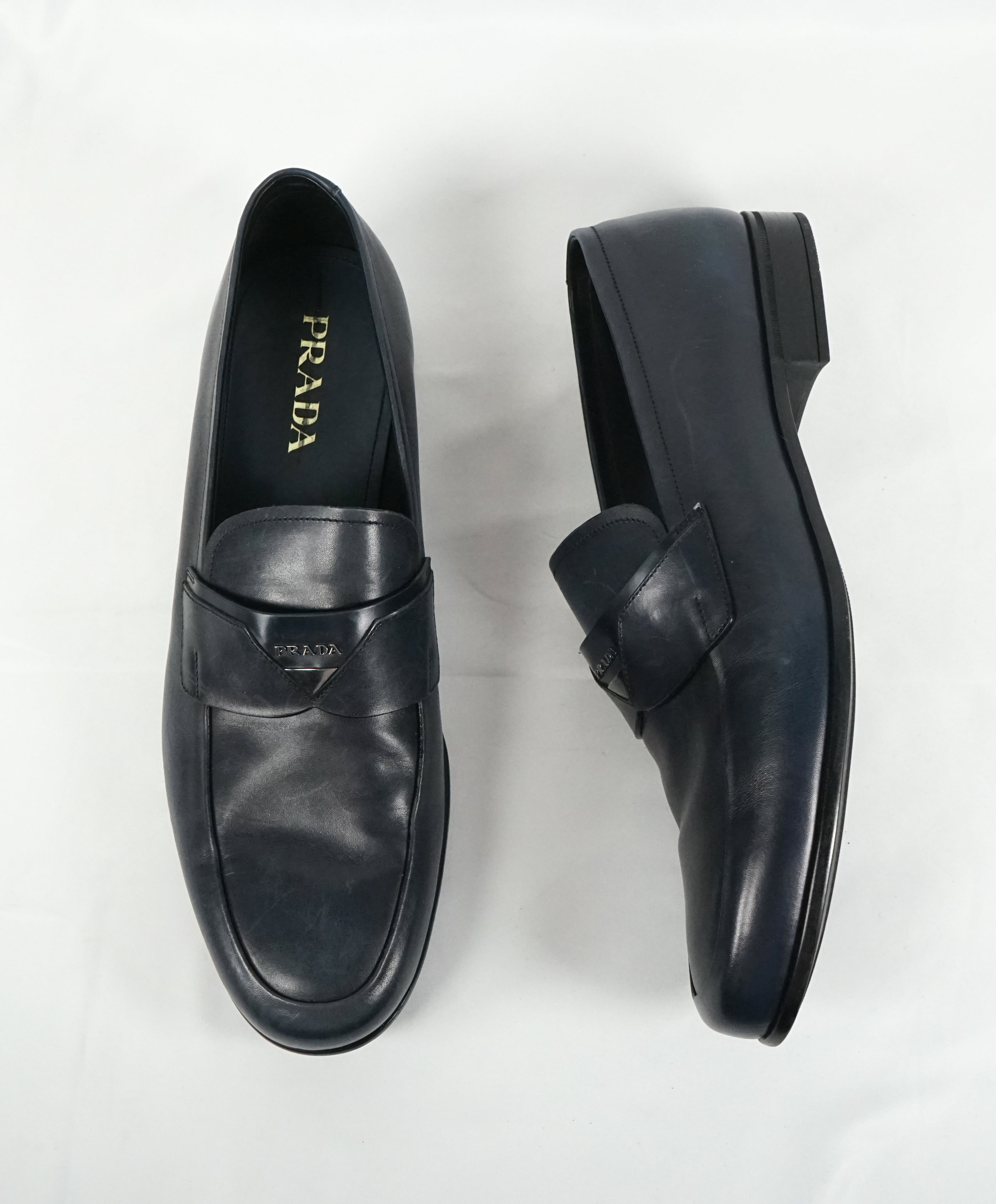 PRADA - Blue Round Toe Loafers With Logo Plaque Strap - 13